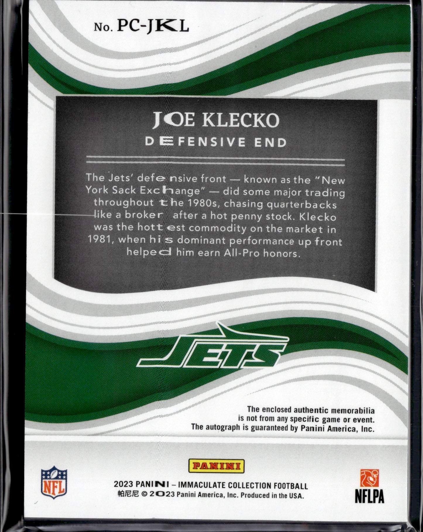 2023 Panini Immaculate Collection Football Joe Klecko Autograph Patch /99