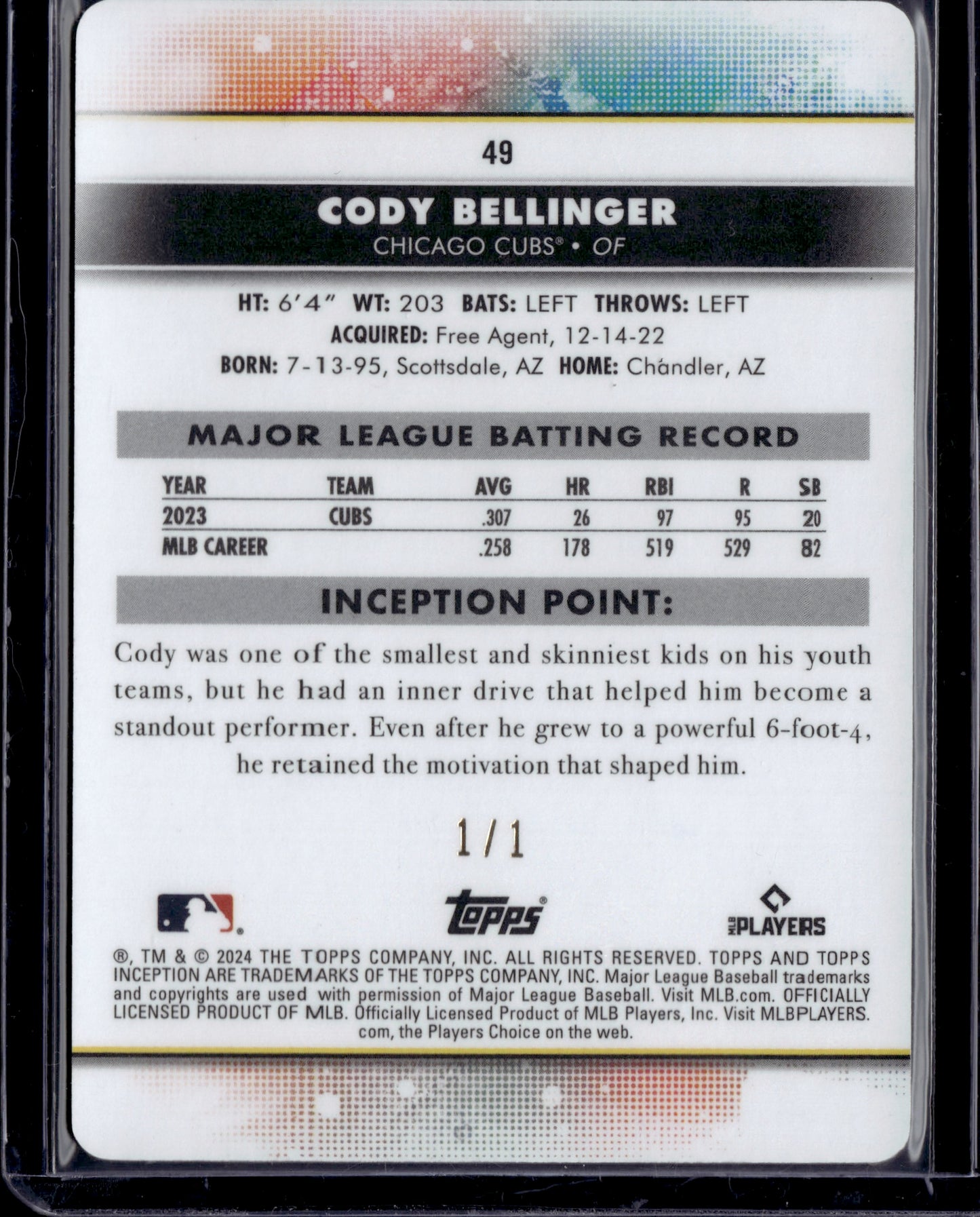 2024 Topps Inception Cody Bellinger #49 Printing Plate 1/1