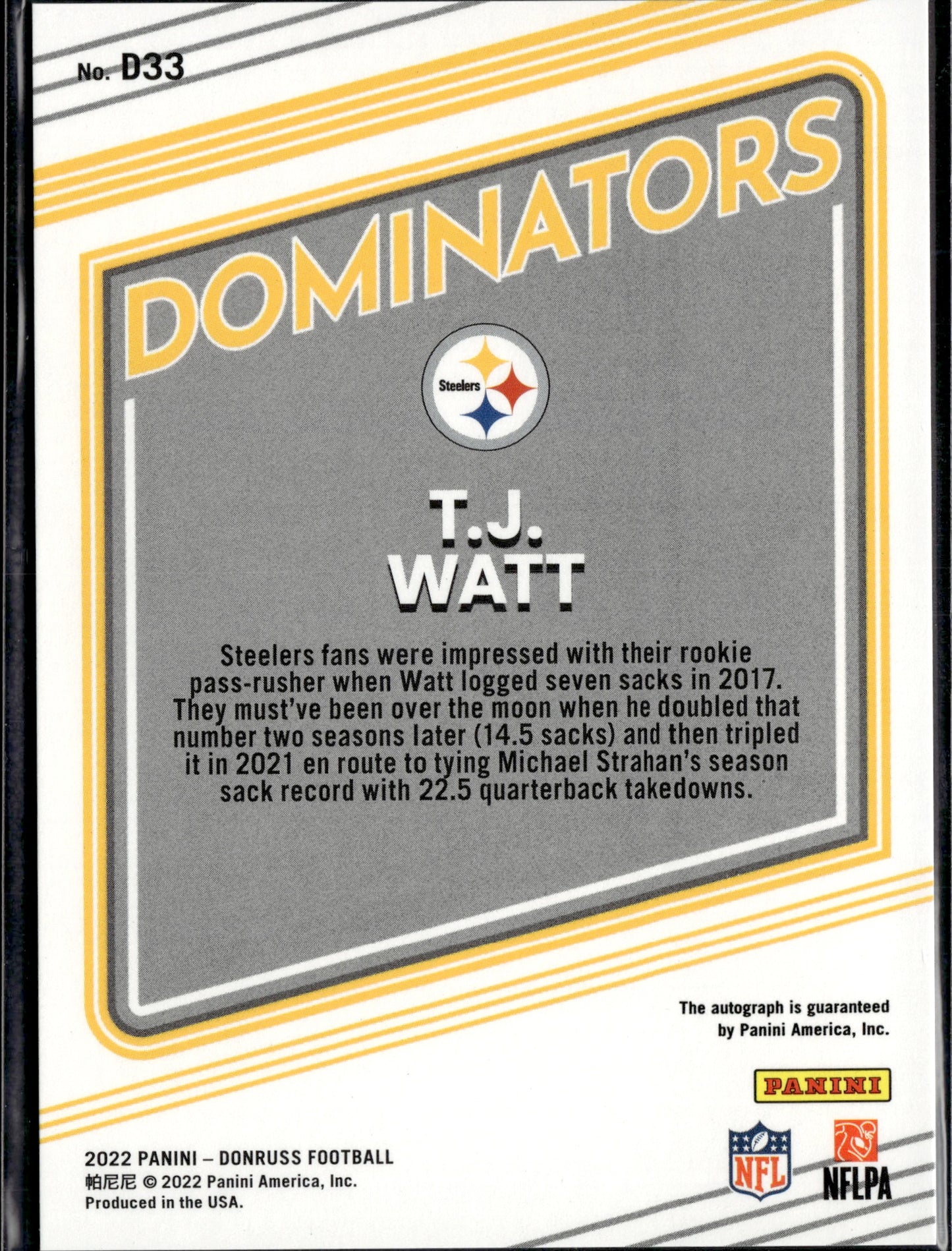 2022 Panini Donruss Dominators T.J. Watt #D33 Autograph /25