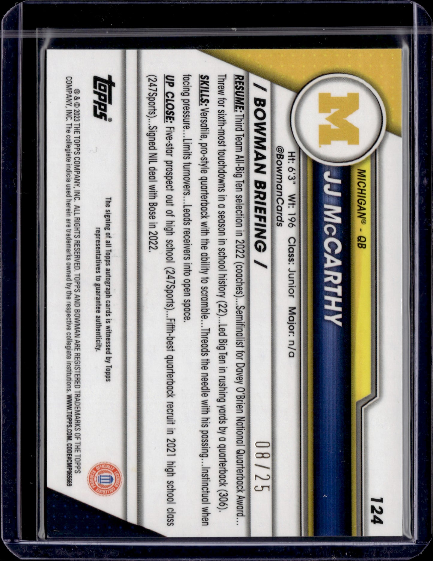 2021 Bowman University Chrome JJ McCarthy Auto #124 Orange /25