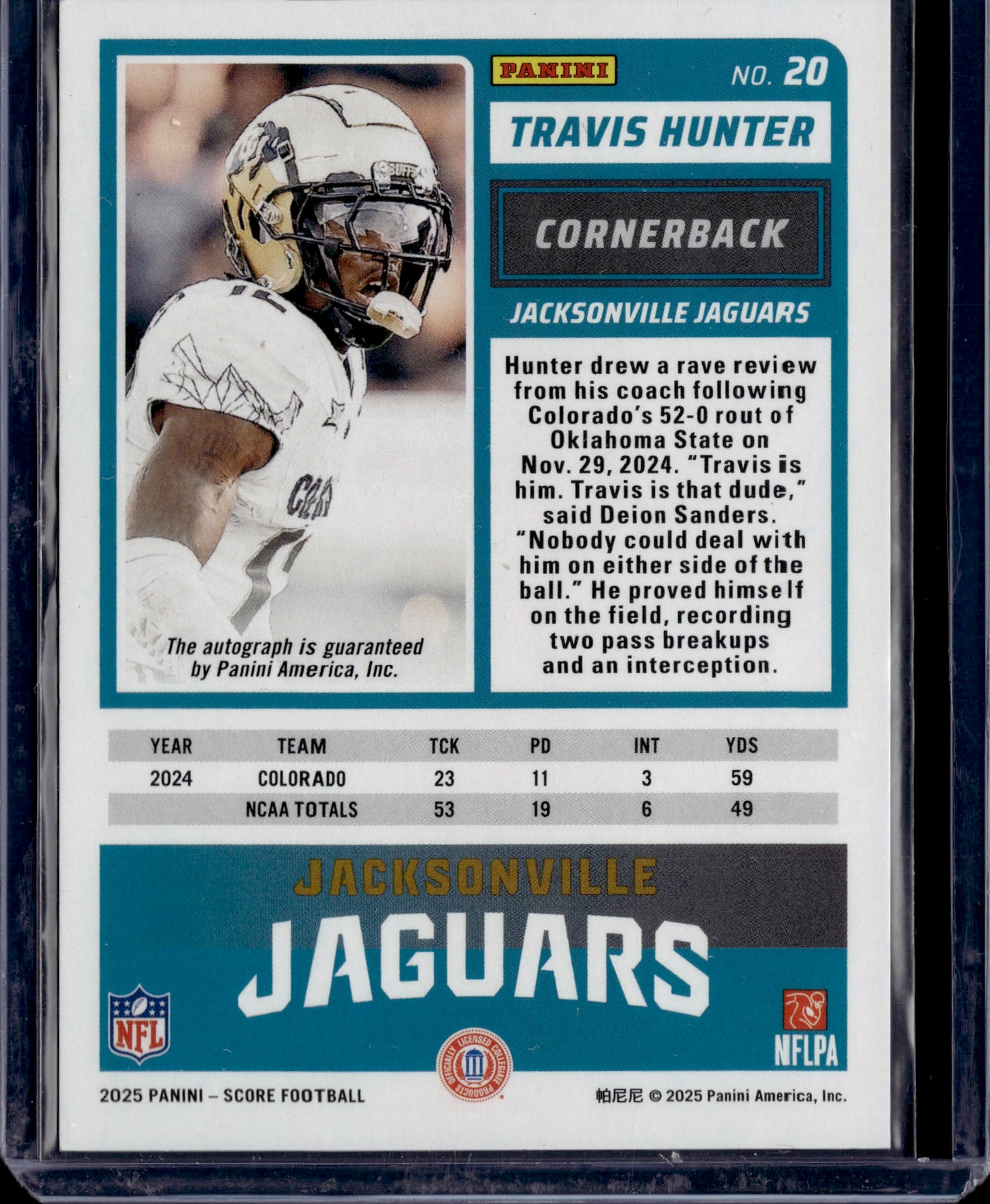 2025 Panini Score Travis Hunter #20 End Zone Auto SSP /6 RC