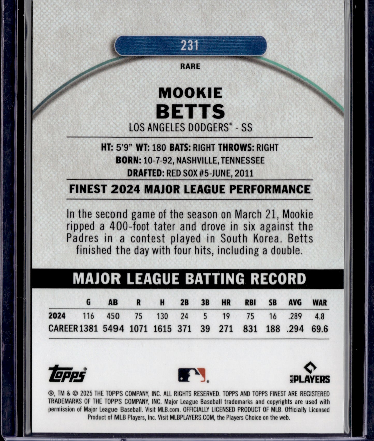 2025 Topps Finest Mookie Betts #231 Rare /30