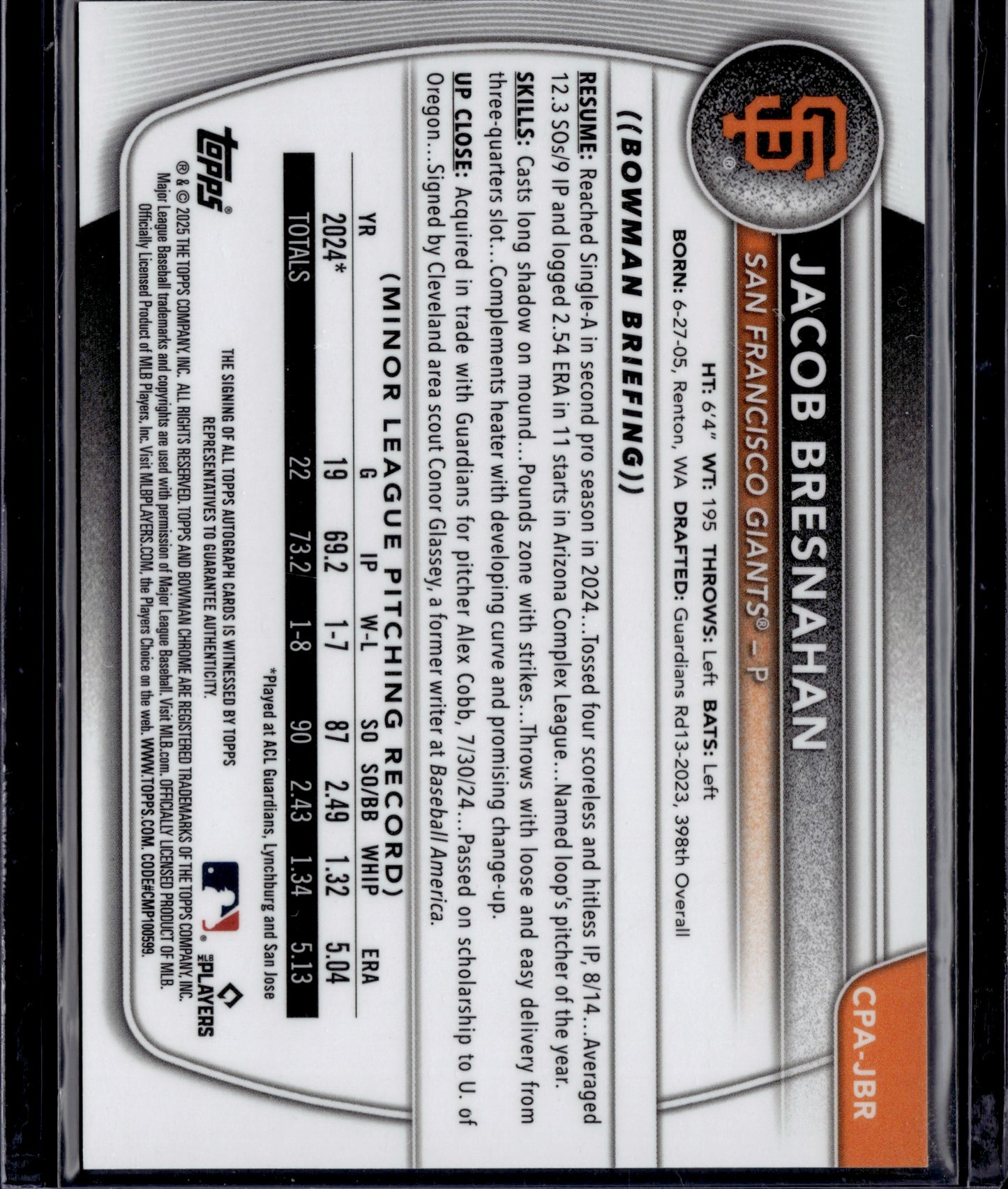 2025 Topps Bowman Chrome Jacob Bresnahan #CPA-JBR Gold Shimmer Auto /50