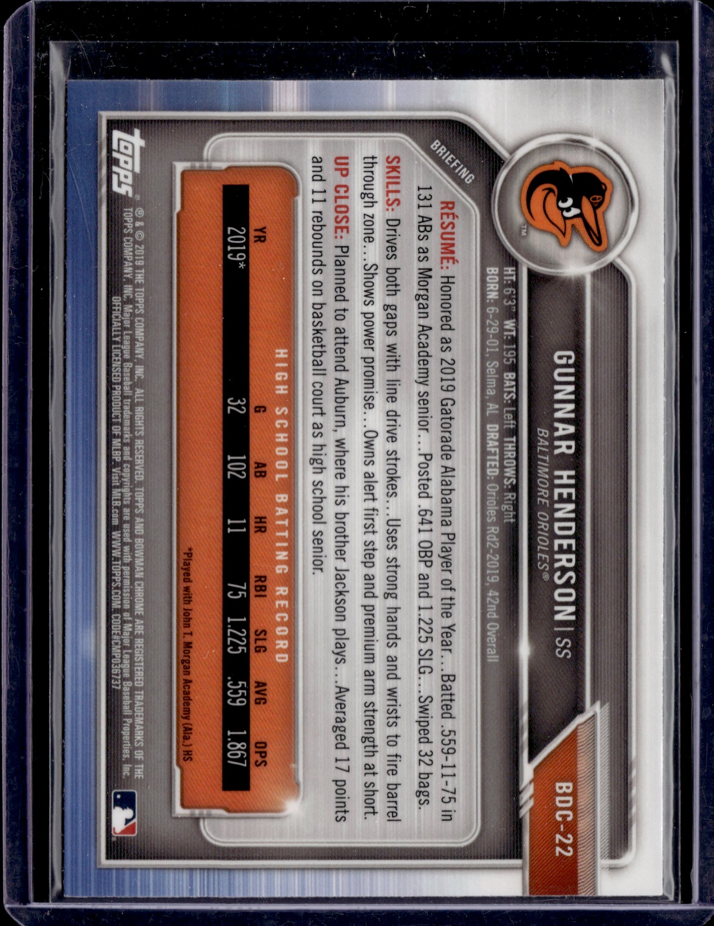 2019 Topps Bowman Draft Chrome Gunnar Henderson #BDC-22