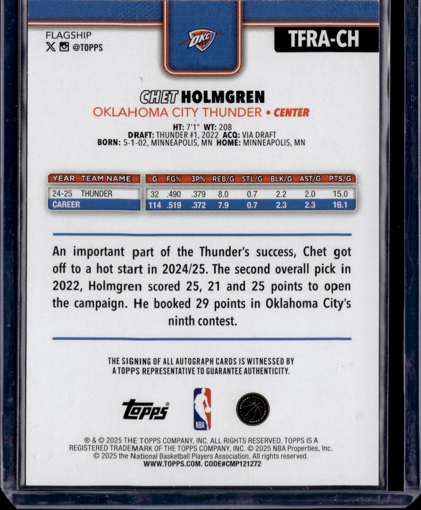2025 Topps Flagship Chet Holmgren Auto #TFRA-CH /5