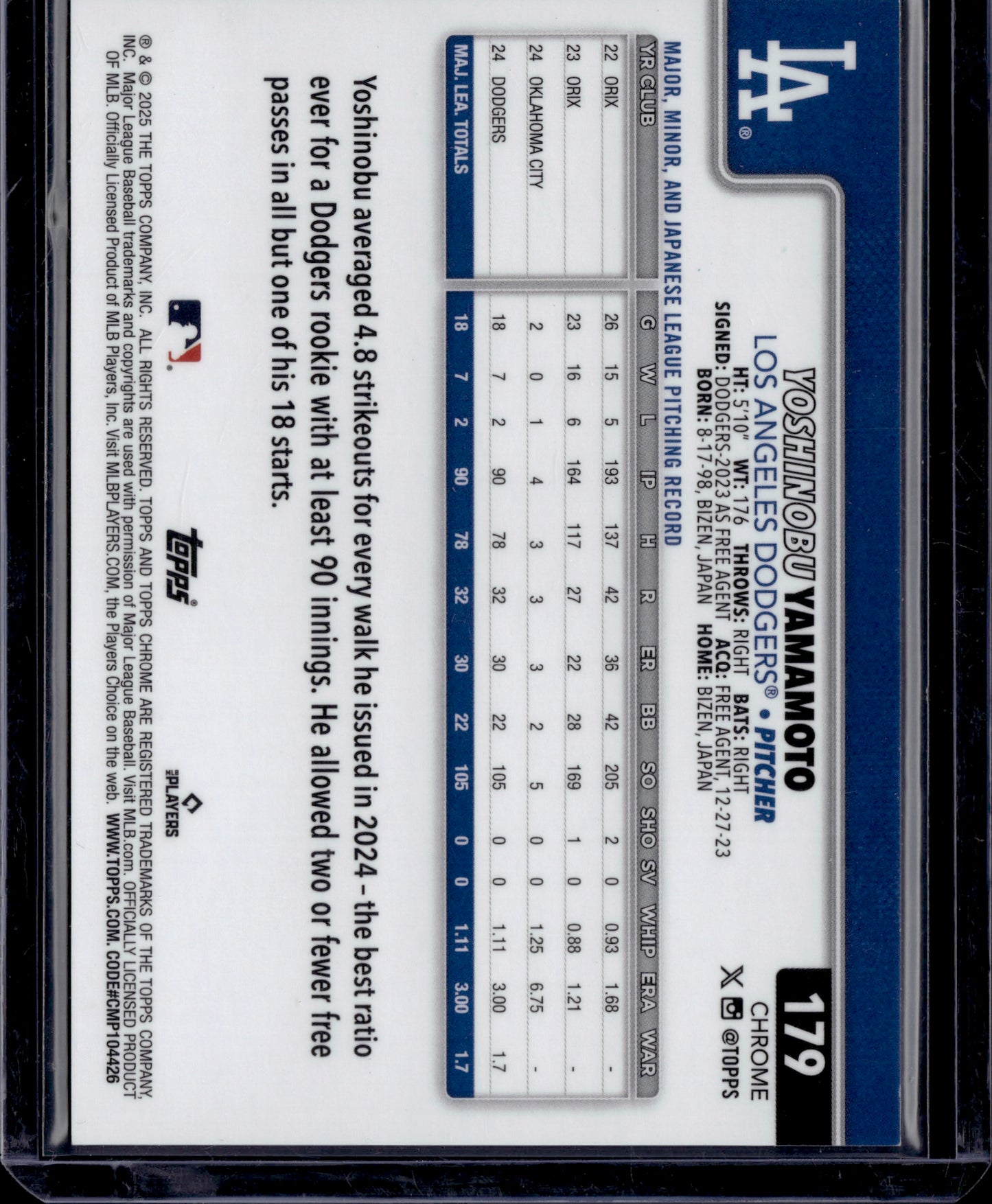 2025 Topps Chrome Yoshinobu Yamamoto #179 Gold RayWave Refractor /50