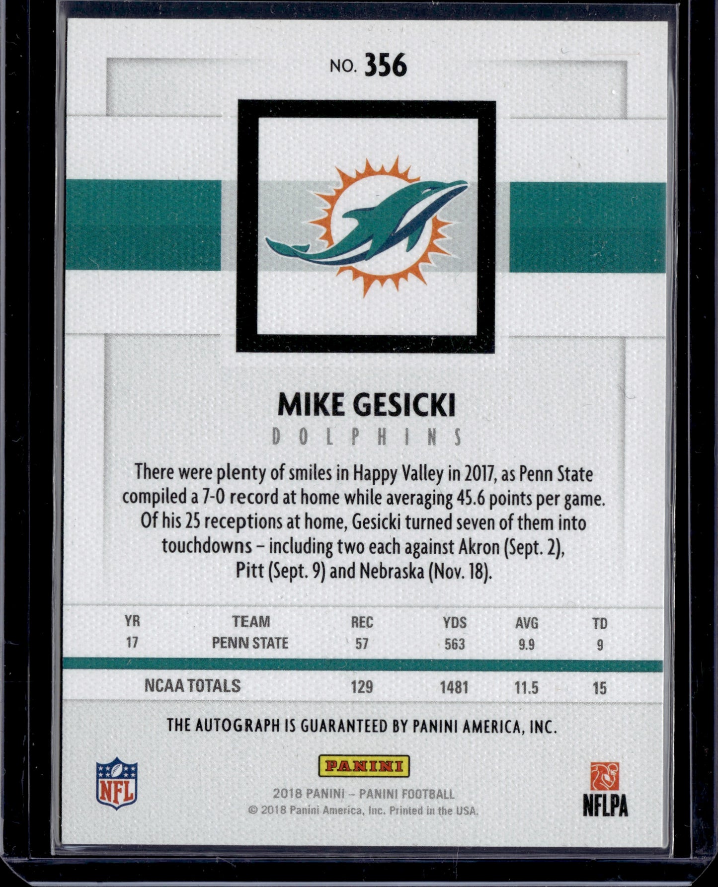 2018 Panini Football Mike Gesicki Auto 1/1 #356 RC
