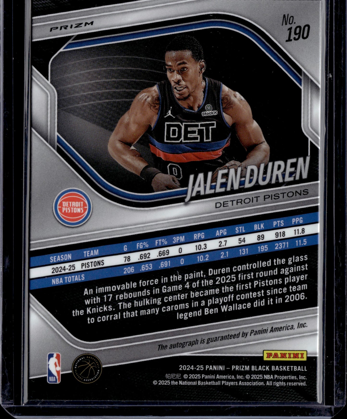 2024-25 Panini Prizm Black Jalen Duren Silver Auto #190