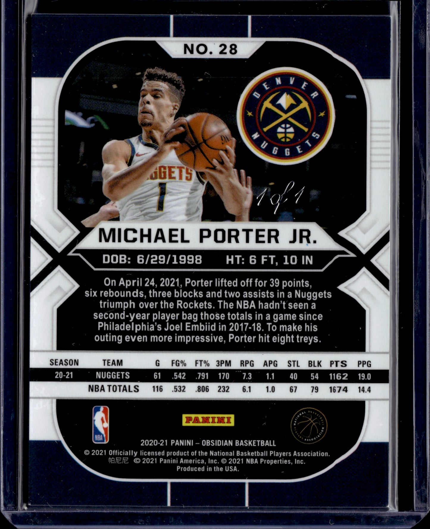 2017 Panini Obsidian Basketball Michael Porter Jr. One of One 1/1 #28
