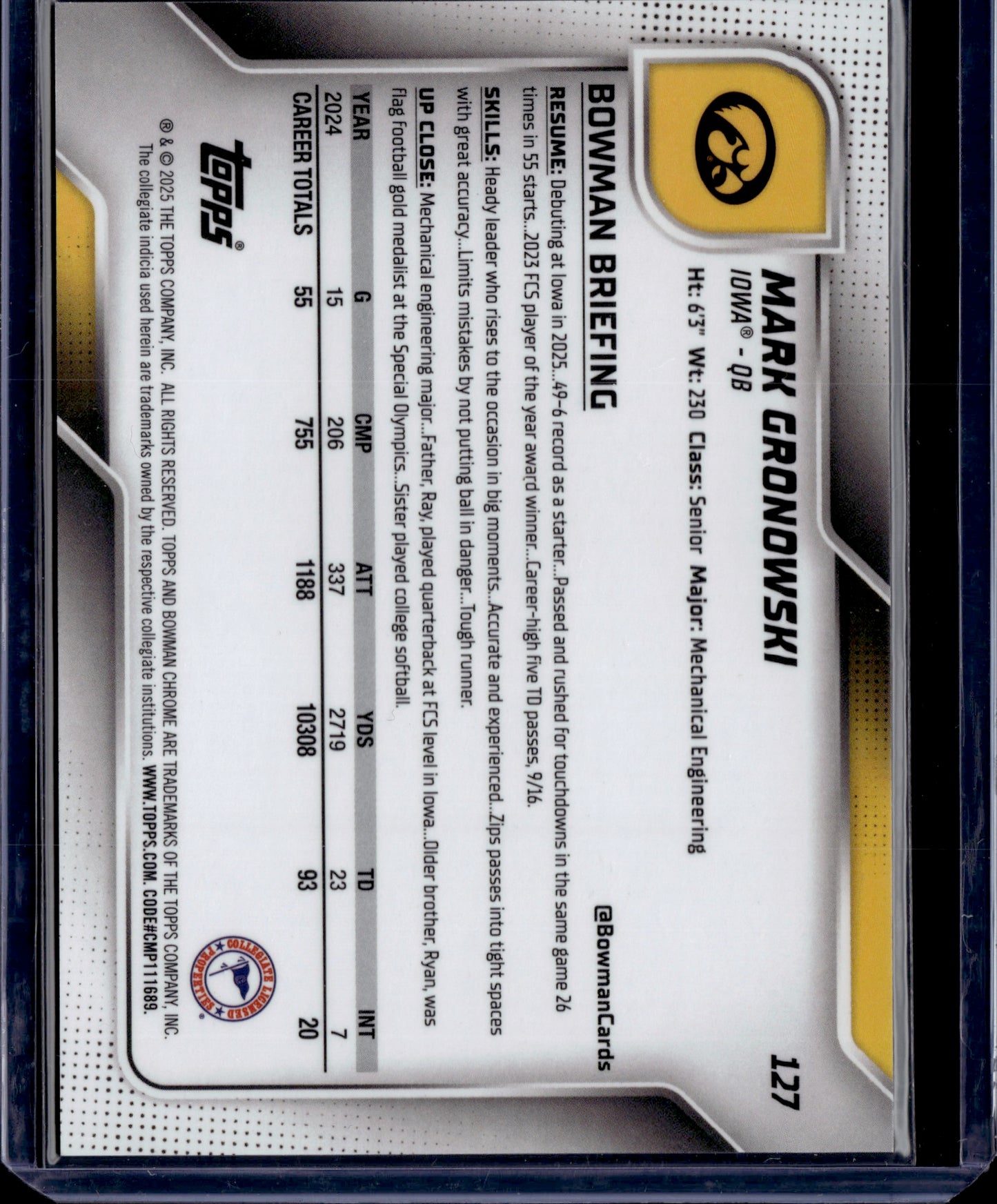 2024 Topps Bowman University Chrome Mark Gronowski Red Shimmer #127 3/5.