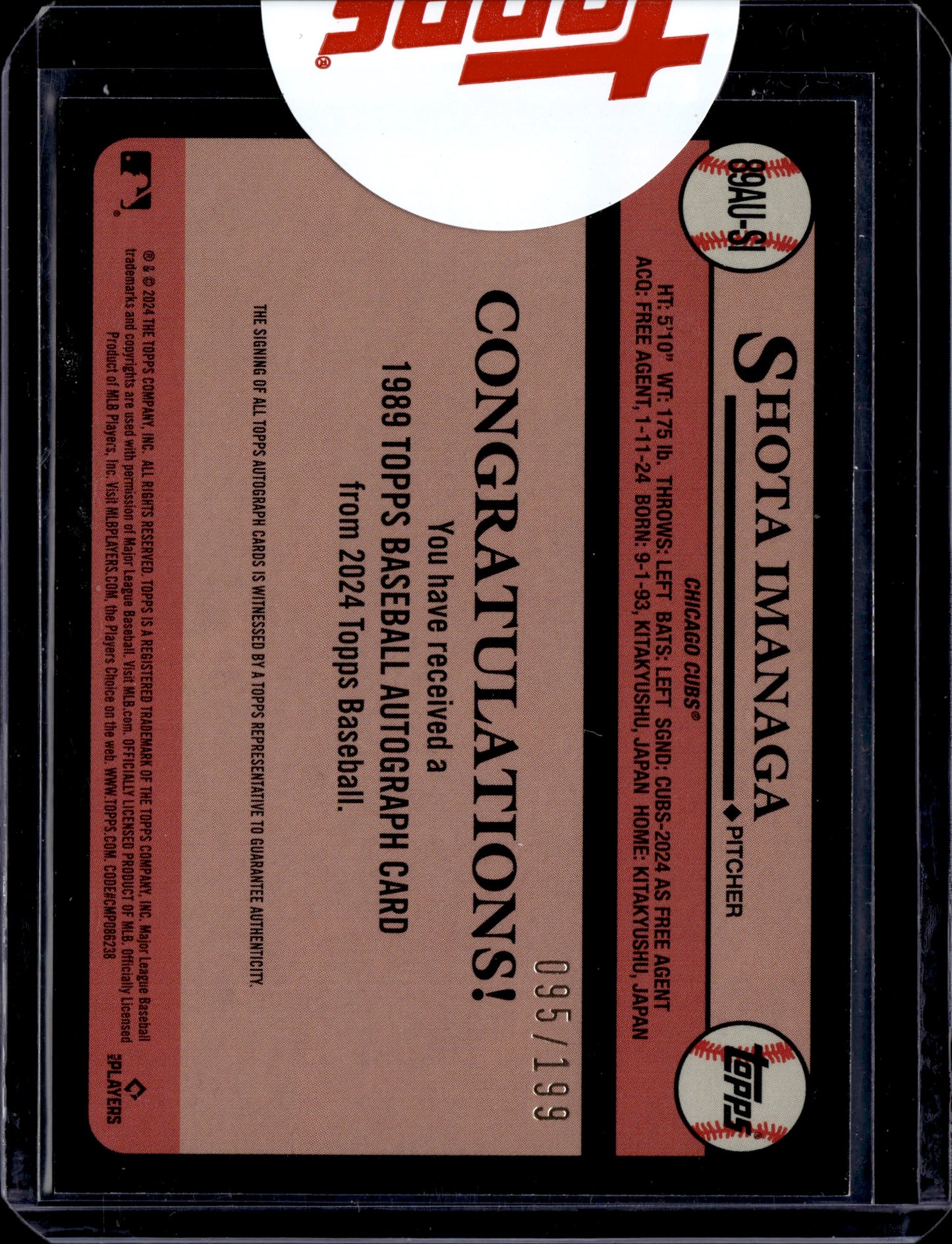 2024 Topps Baseball - 1989 Topps Baseball Autographs Shota Imanaga RC 095/199