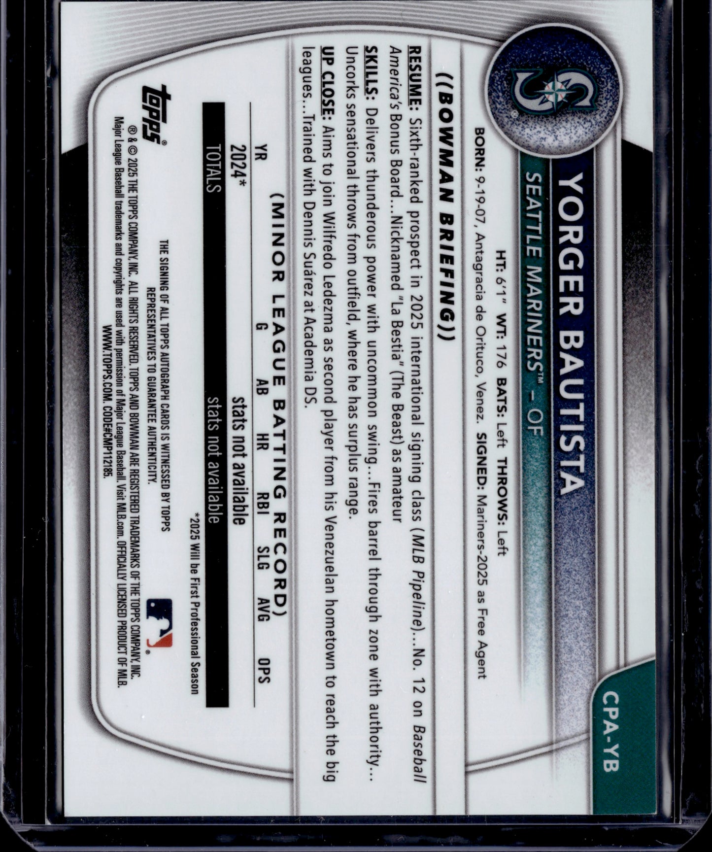 2025 Bowman Chrome Prospect Autographs Yorger Bautista #CPA-YB Gold Shimmer /50