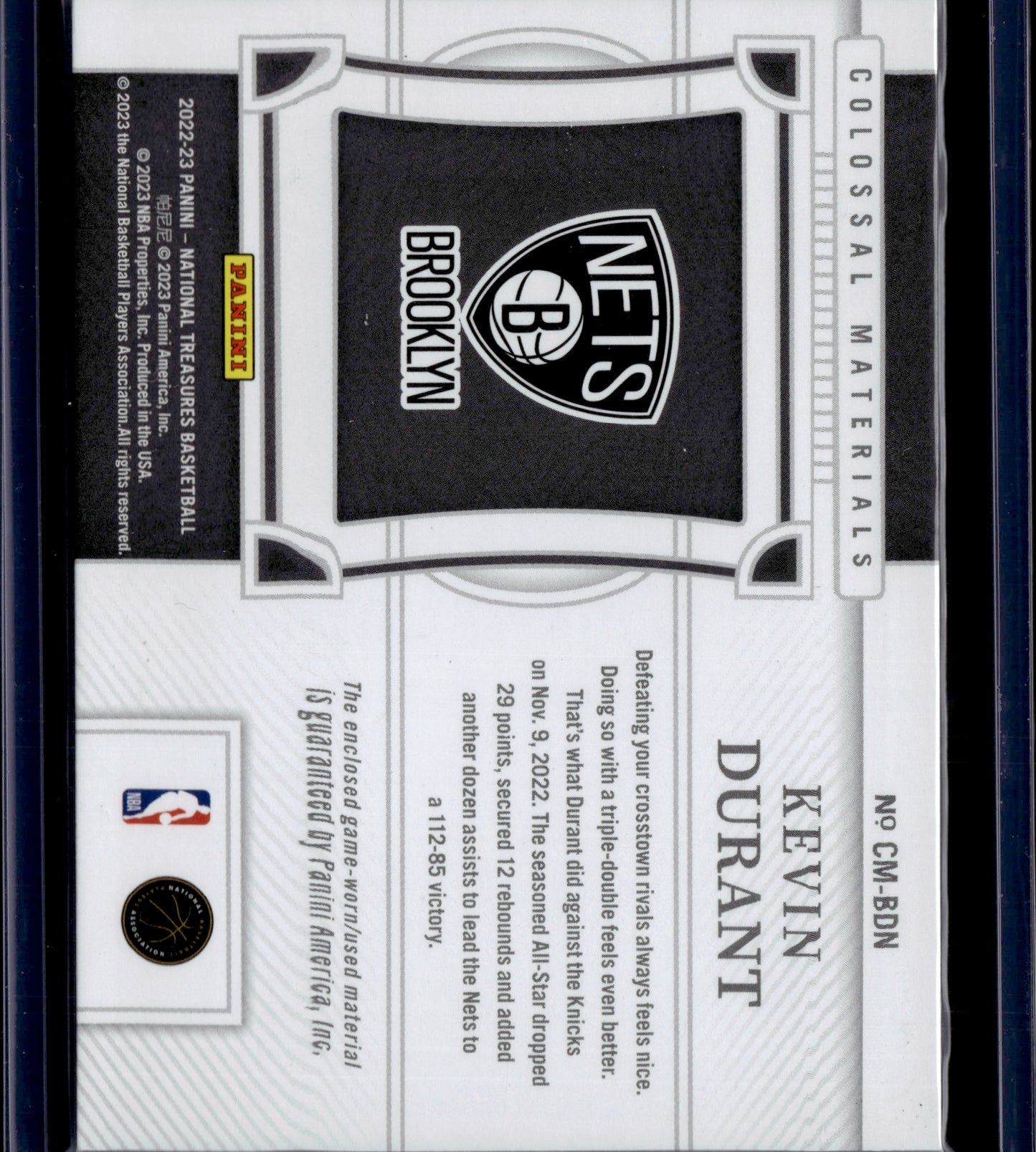 2023 Panini National Treasures Colossal Kevin Durant #CM-BDN Jersey Patch 05/10