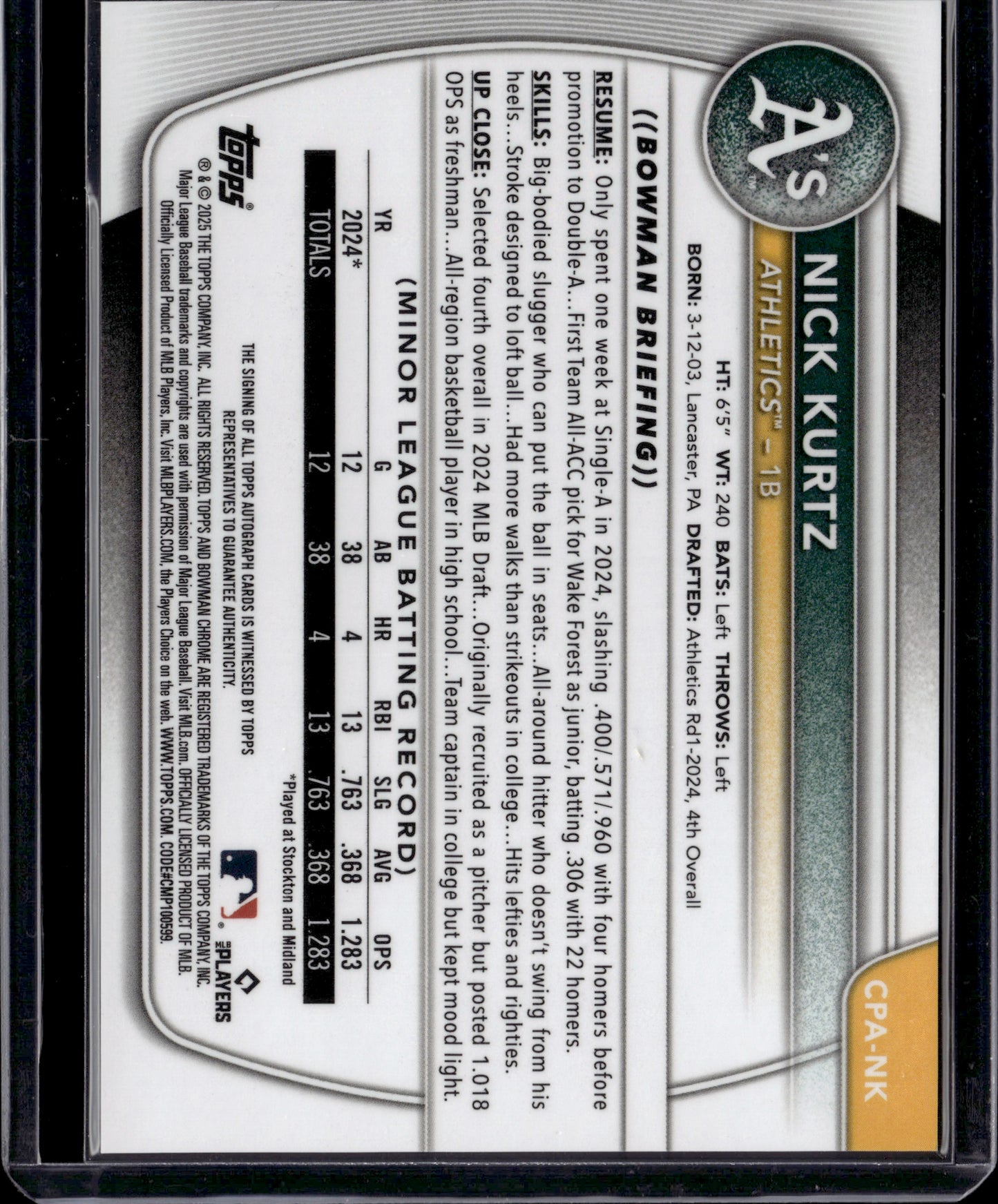 2025 Topps Bowman Chrome Nick Kurtz Auto #CPA-NK