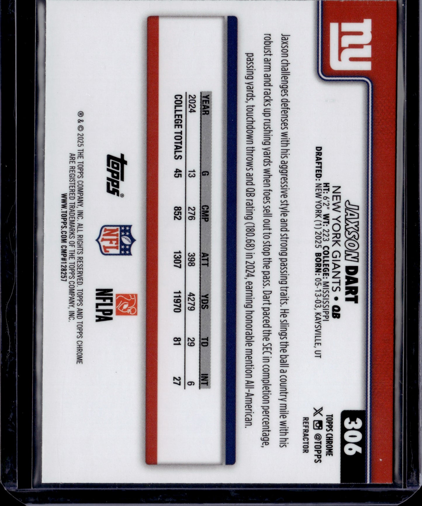 2025 Topps Chrome Jaxson Dart #306 Refractor RC