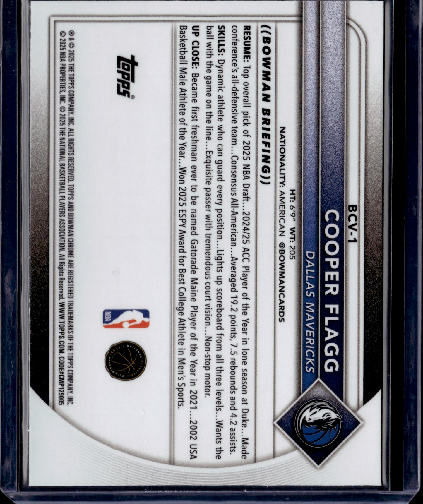 2025 Topps Bowman Chrome Cooper Flagg #BCV-1 Purple Mojo /250