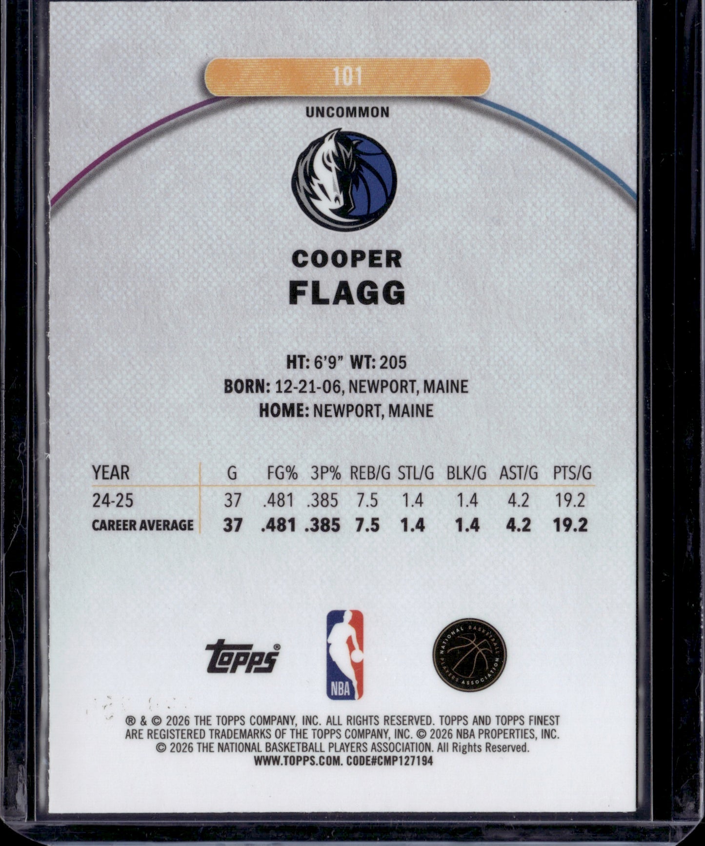 2026 Topps Finest Cooper Flagg #101 RC /250