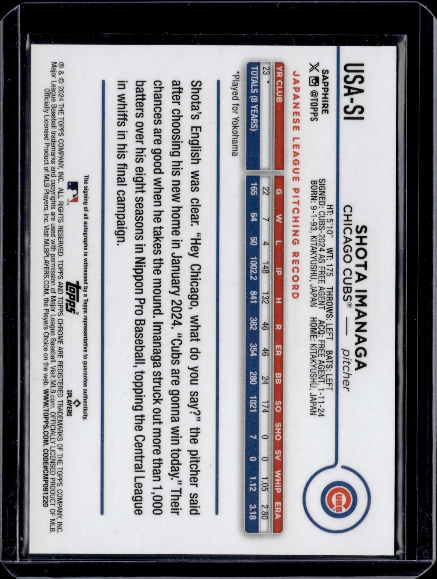 2024 Topps Chrome Sapphire Edition Shota Imanaga #USA-SI Orange Auto /25 RC