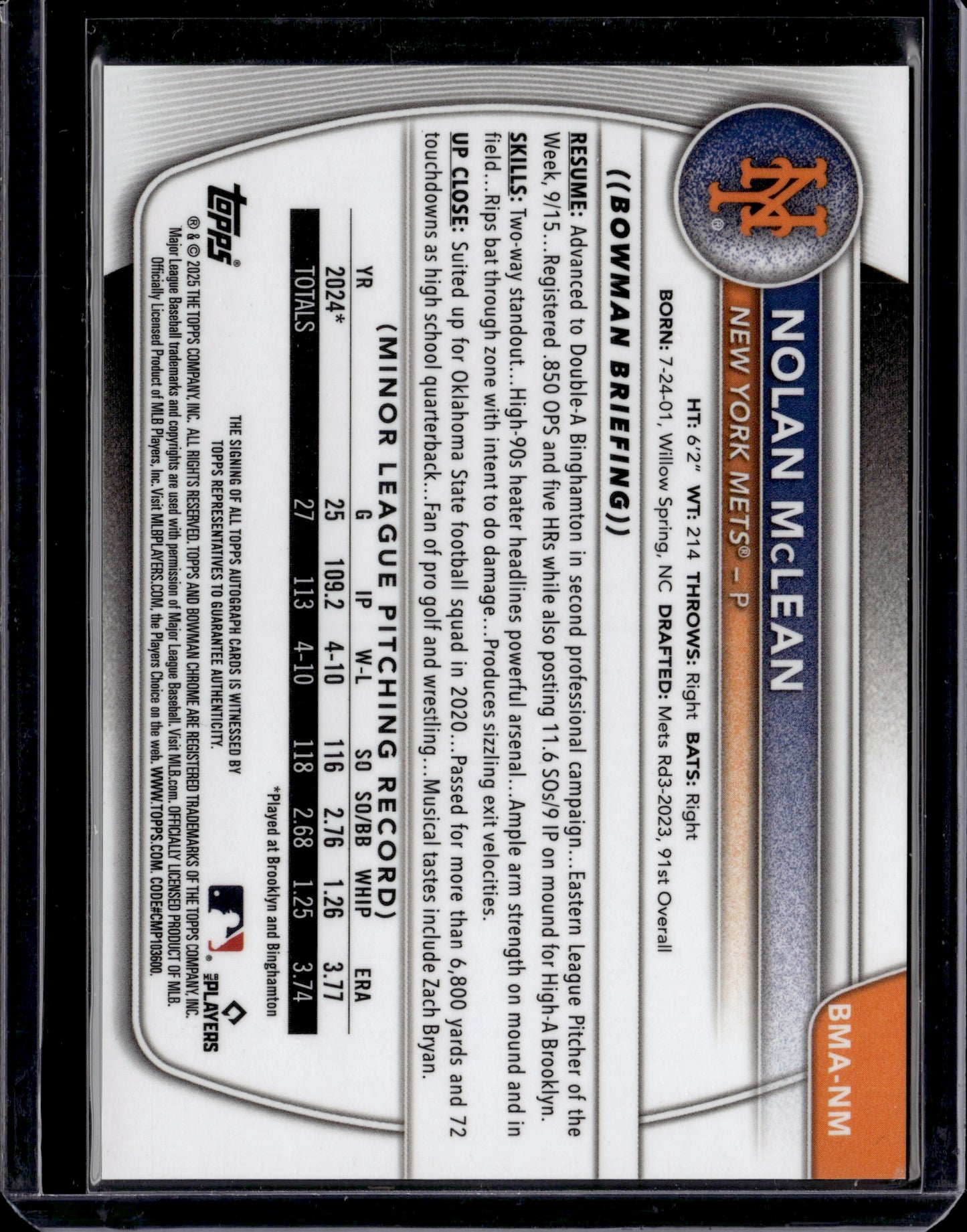 2024 Bowman Chrome Nolan McLean Auto #BMA-NM Blue Mojo /150
