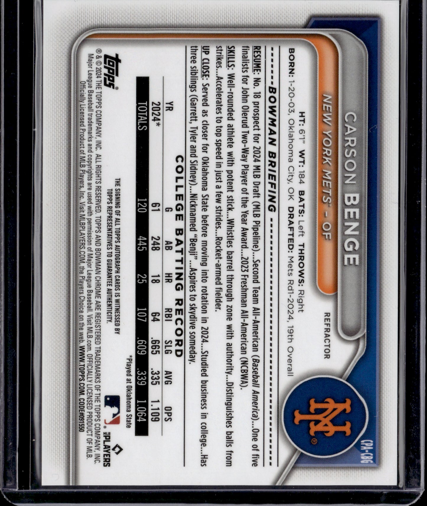 2024 Bowman Chrome Carson Benge #CPA-CBG Refractor 1st Bowman Auto /499