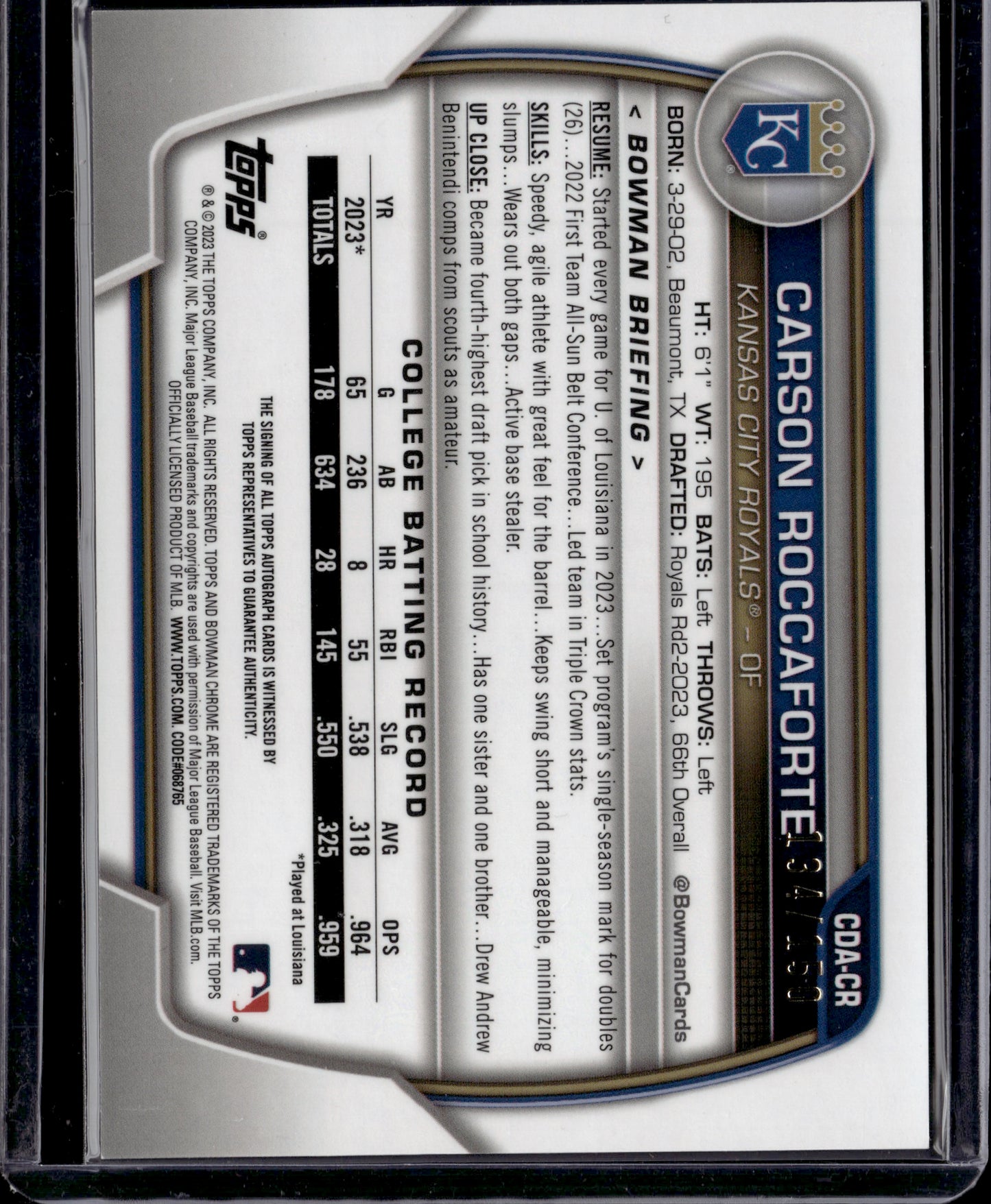 2023 Bowman Chrome Carson Roccaforte #CDA-CR Blue RayWave Auto /150