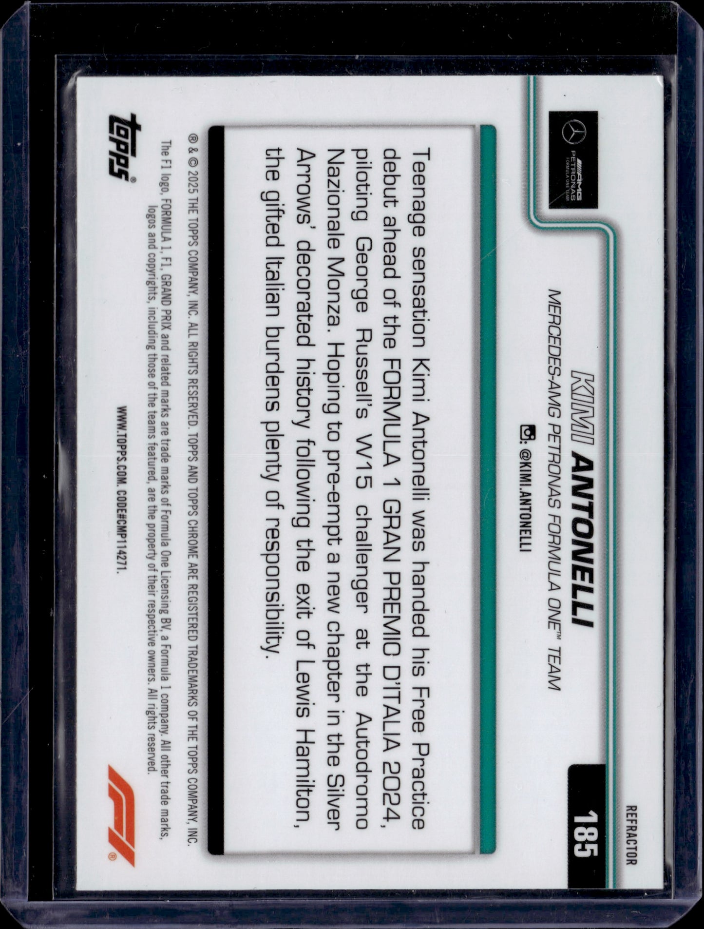 2025 Topps Chrome F1 On The Move Kimi Antonelli #185 Refractor RC