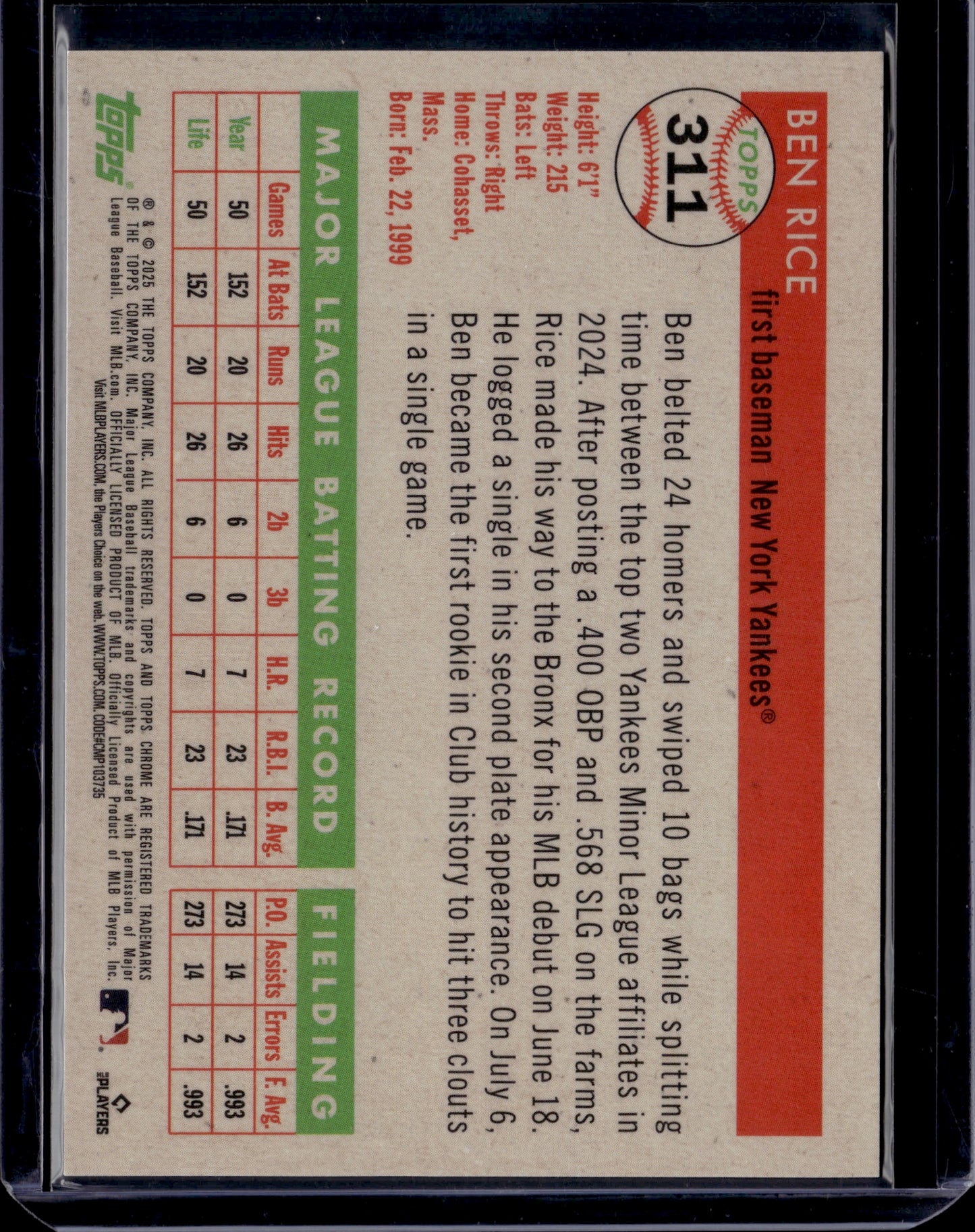 2025 Topps Chrome Platinum Anniversary Ben Rice Black /10 SSP #311 RC
