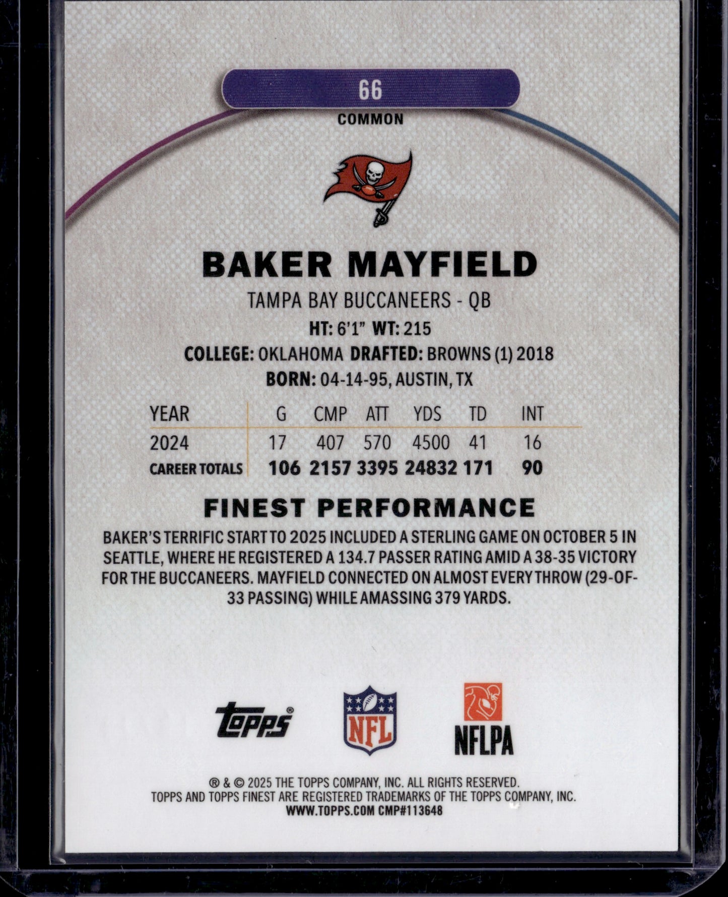 2025 Topps Finest Baker Mayfield #66 Black /20