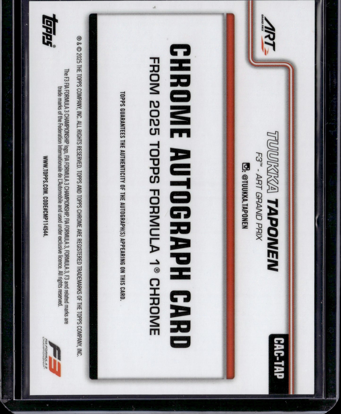 2025 Topps Chrome Formula 1 Tuukka Taponen #CAC-TAP Black Auto /10