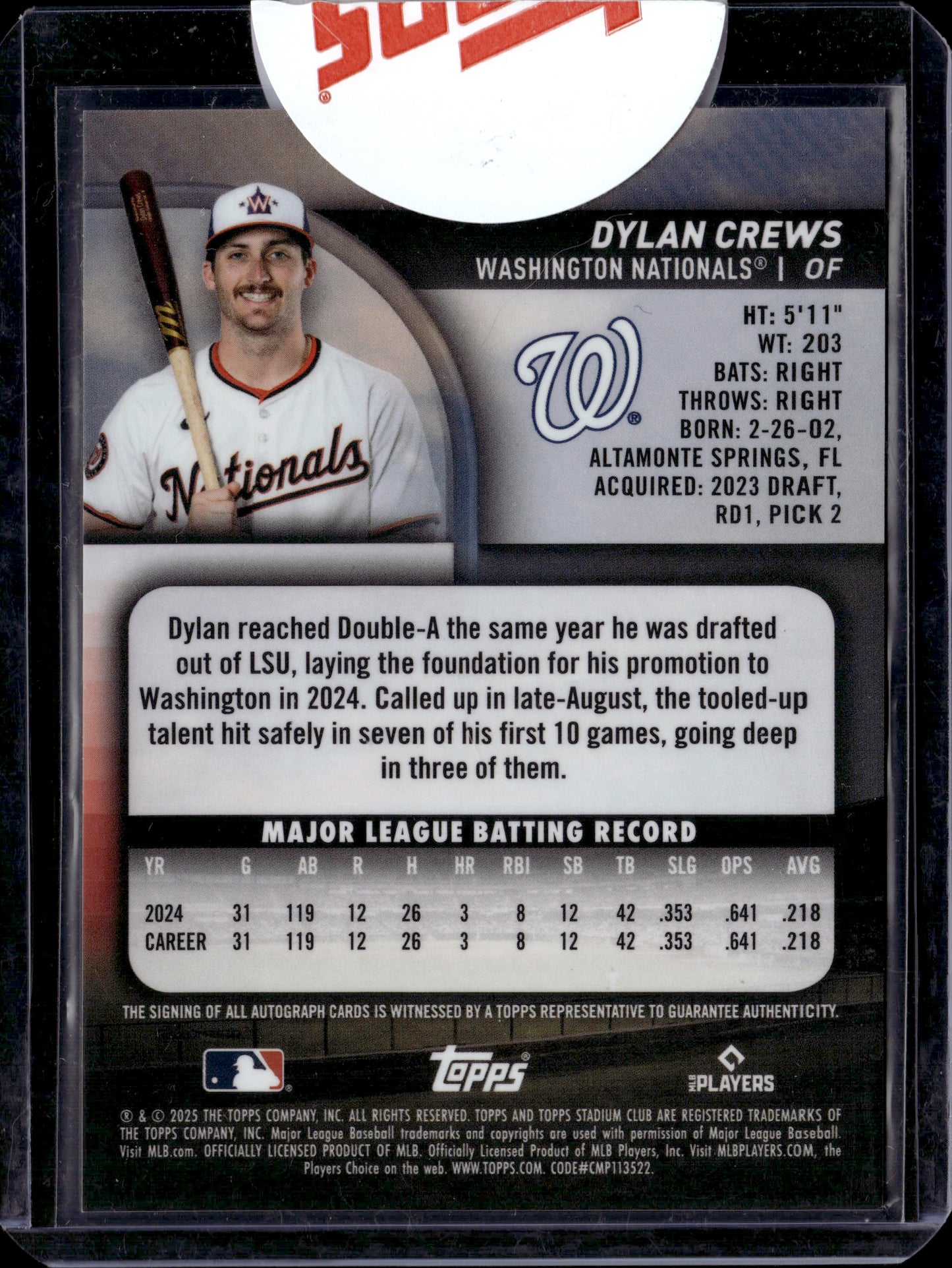 2025 Topps Stadium Club Chrome Dylan Crews #SCC-10 Aqua Auto /75 RC