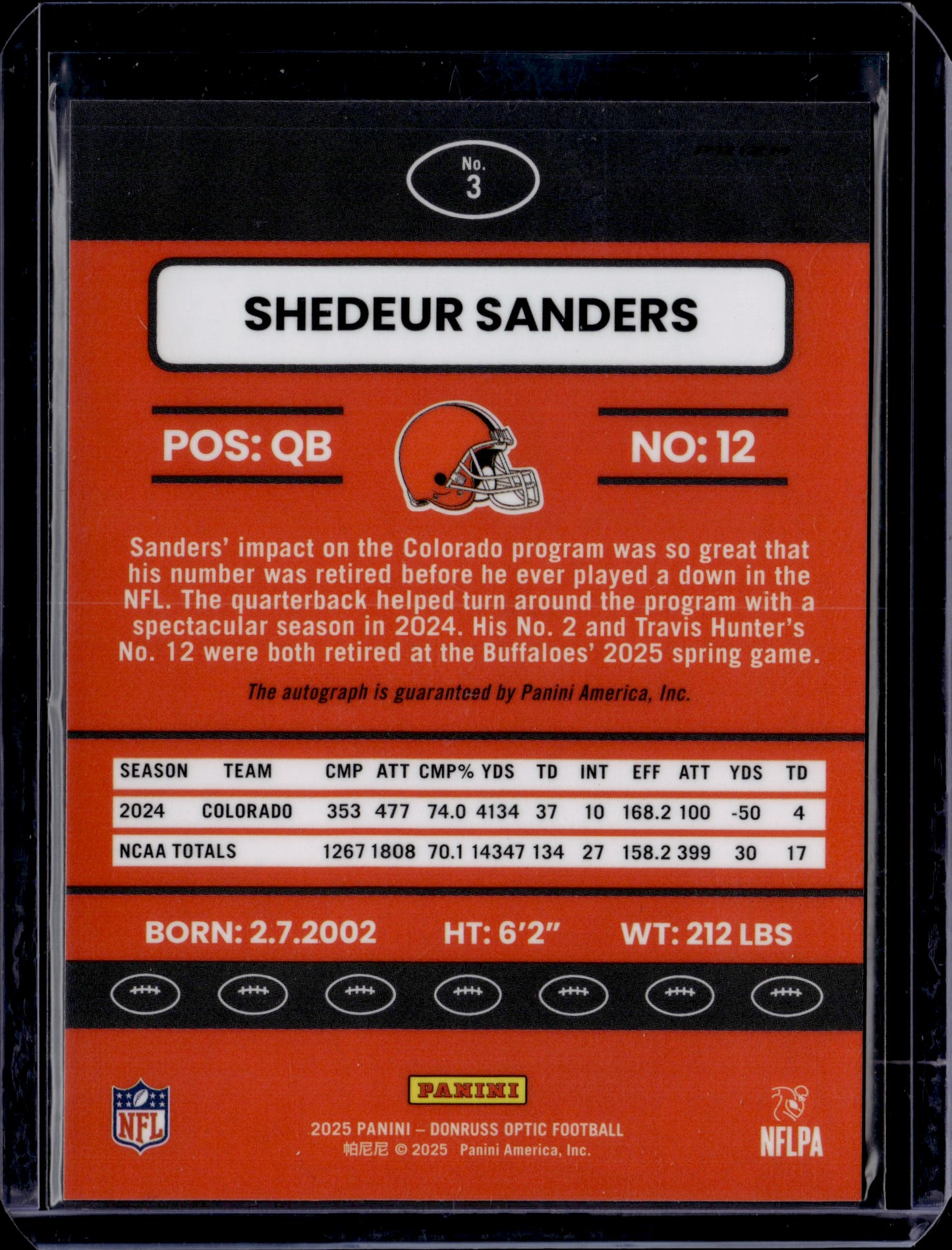 2025 Panini Donruss Optic Football Shedeur Sanders Auto #3 RC