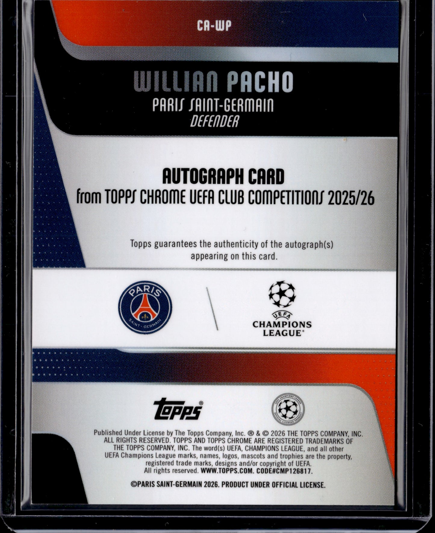 2026 Topps Chrome UEFA Club Competitions Willian Pacho #CA-WP Purple Auto /75