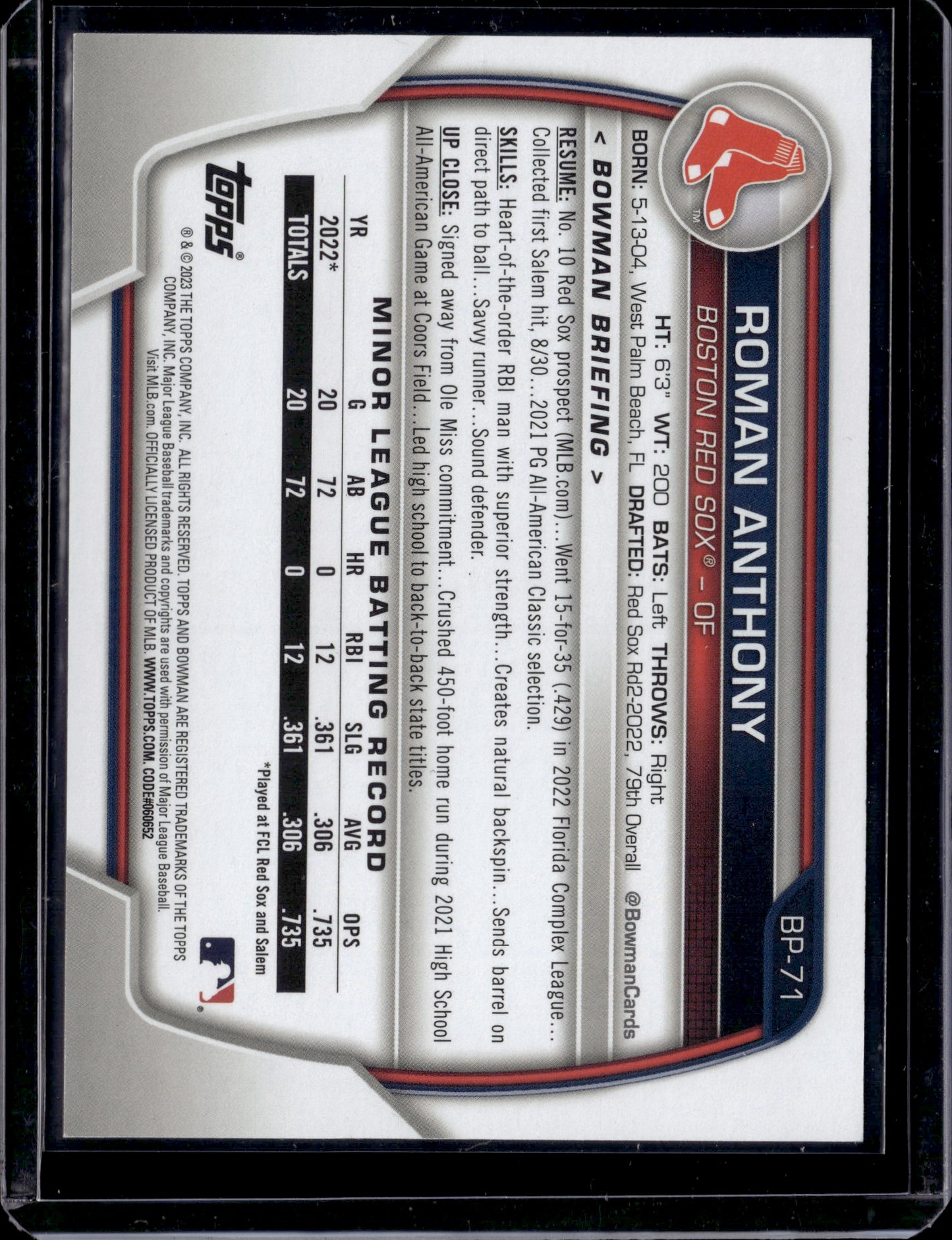 2023 Bowman Roman Anthony #BP-71 Purple 1st Bowman /250