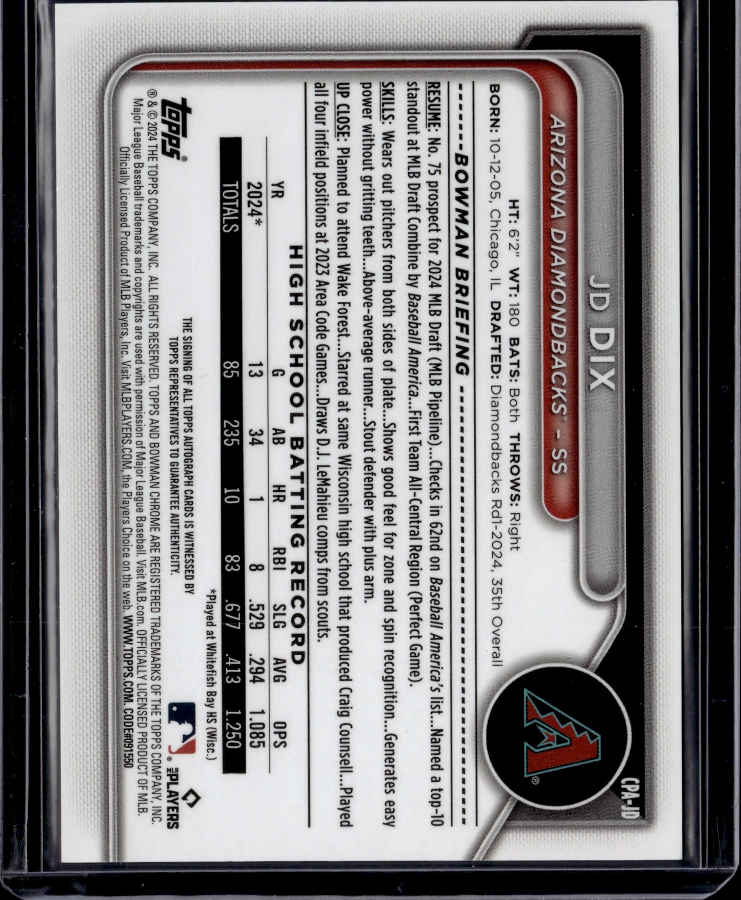 2024 Bowman Chrome JD Dix #CPA-JD Gold Wave Auto /50 1st Bowman