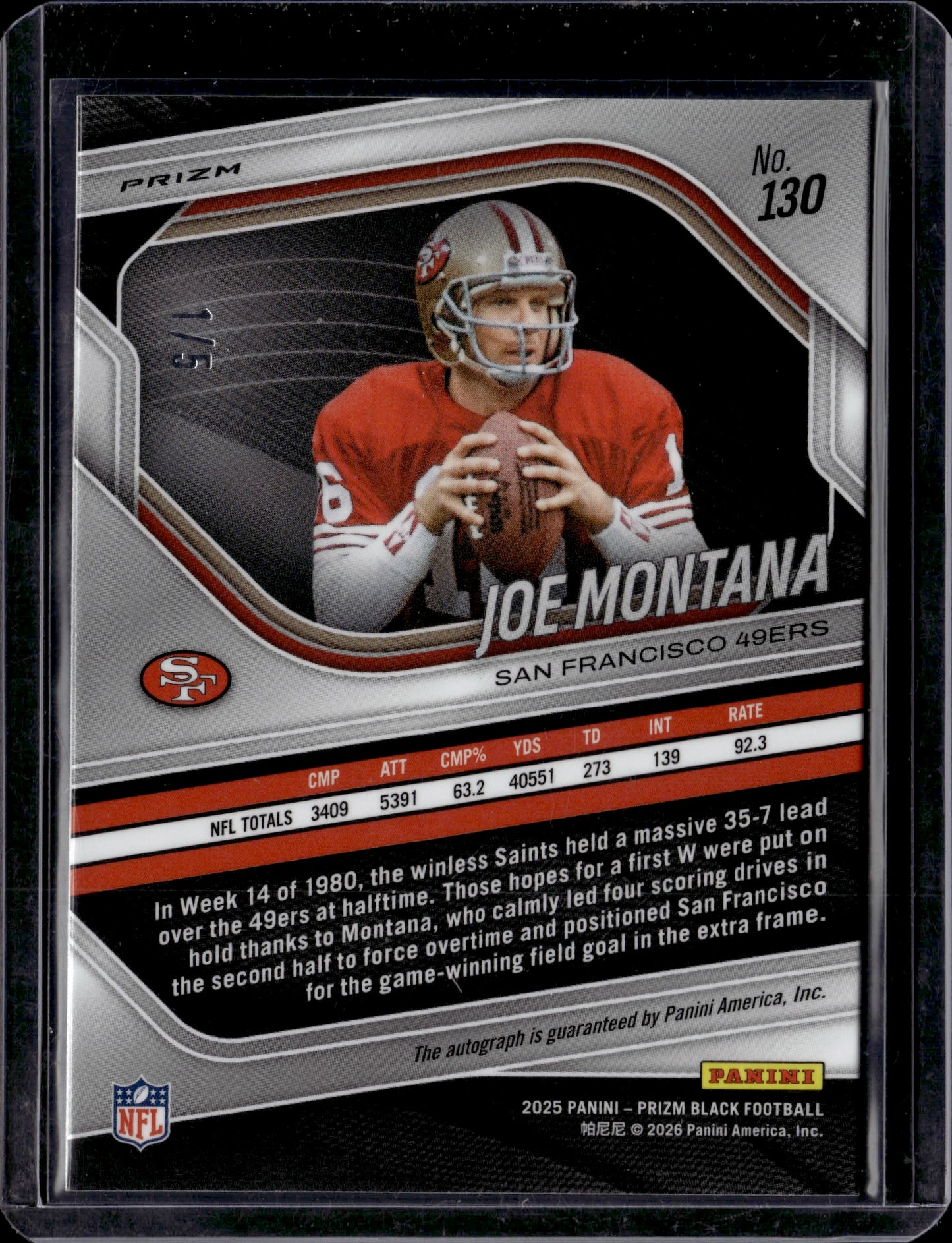 2026 Panini Prizm Black Joe Montana #130 Gold Vinyl Auto /5