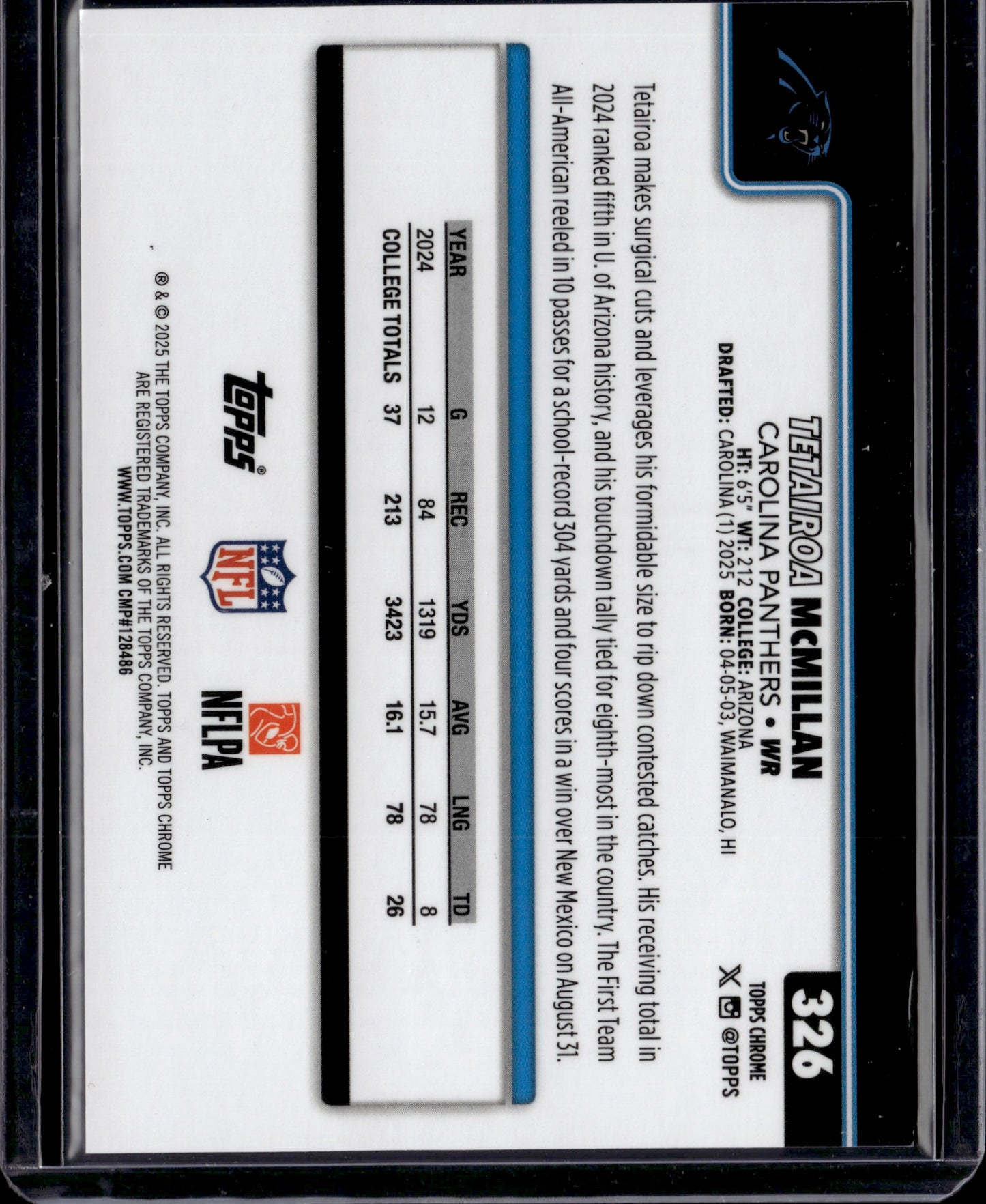 2025 Topps Chrome Tetairoa McMillan #326 Variation /30 RC