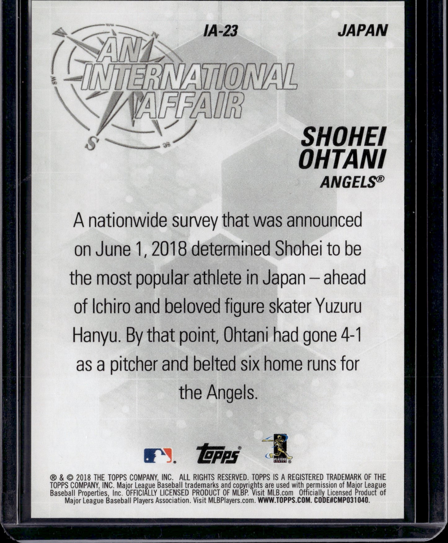 2018 Topps An International Affair Shohei Ohtani RC /299