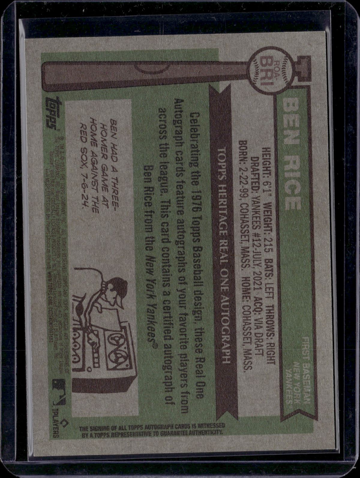2025 Topps Heritage Ben Rice #ROA-BRI RC Topps Heritage Real One Autograph