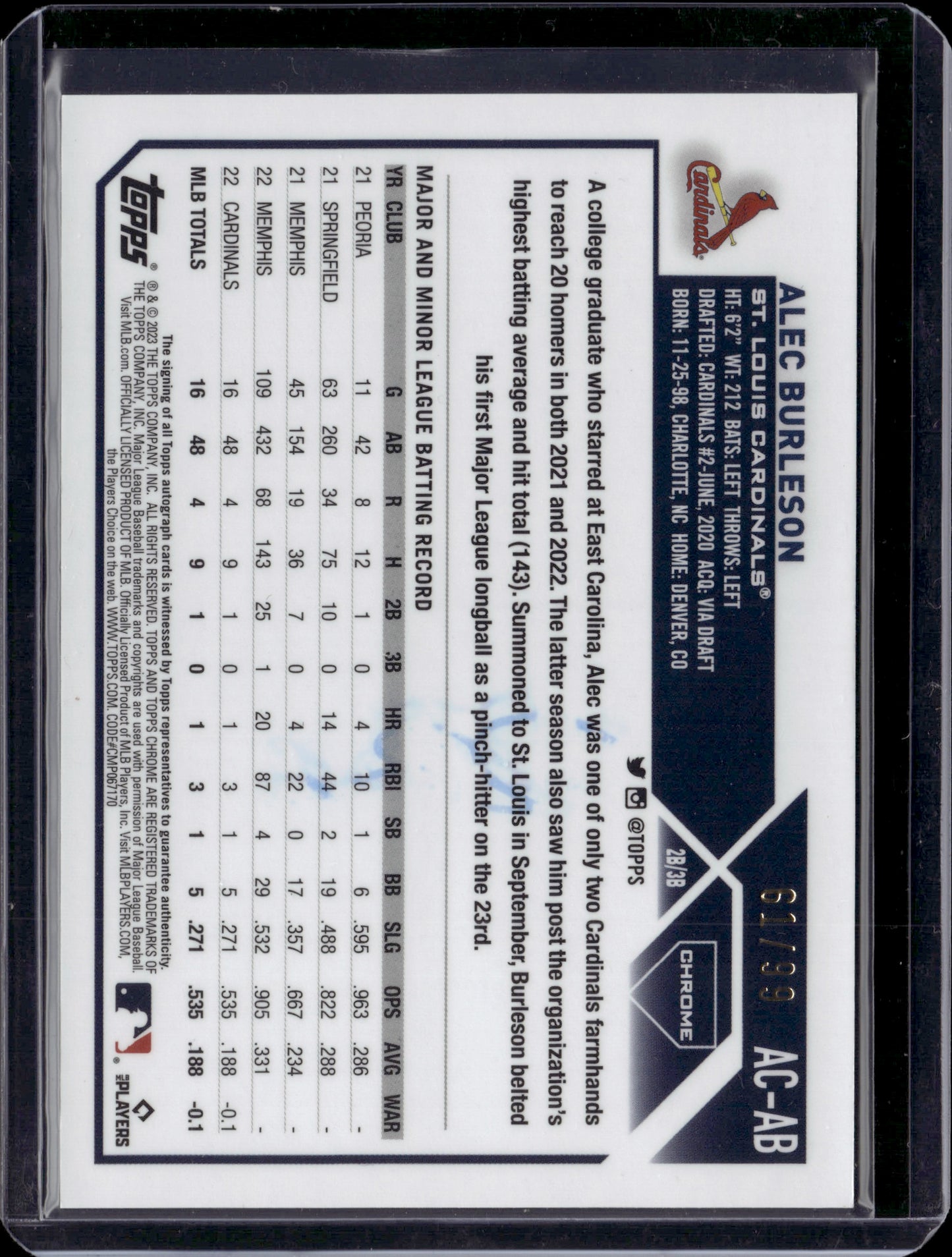 2023 Topps Chrome Alec Burleson #AC-AB Green Auto /99 RC