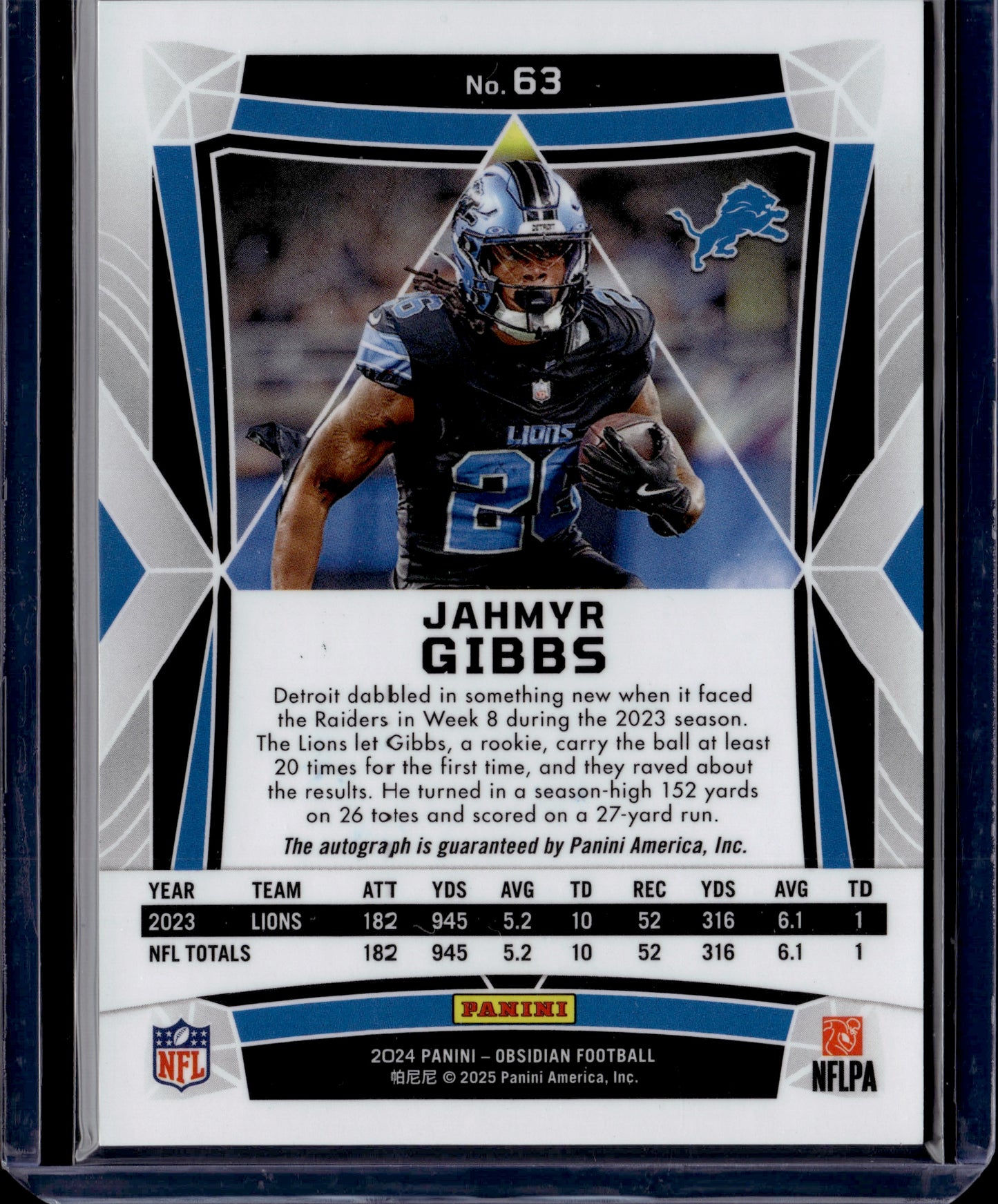 2025 Panini Obsidian Jahmyr Gibbs Auto #63