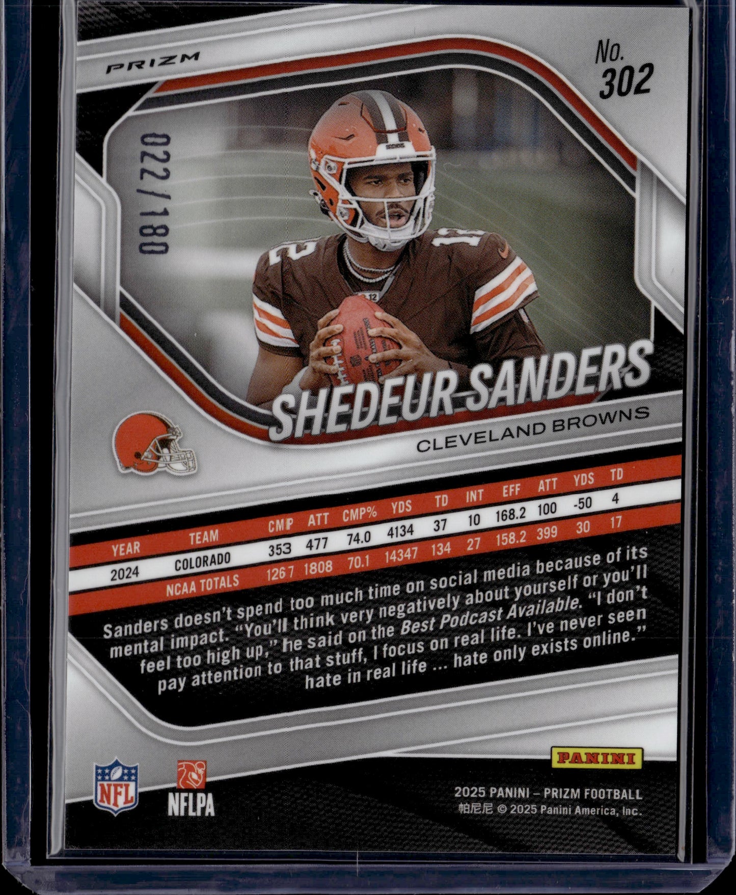 2025 Panini Prizm Shedeur Sanders #302 RC Pigskin /180