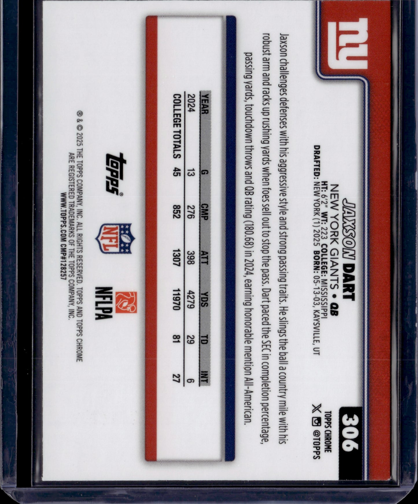 2025 Topps Chrome Jaxson Dart #306 Aqua Wave RC /299