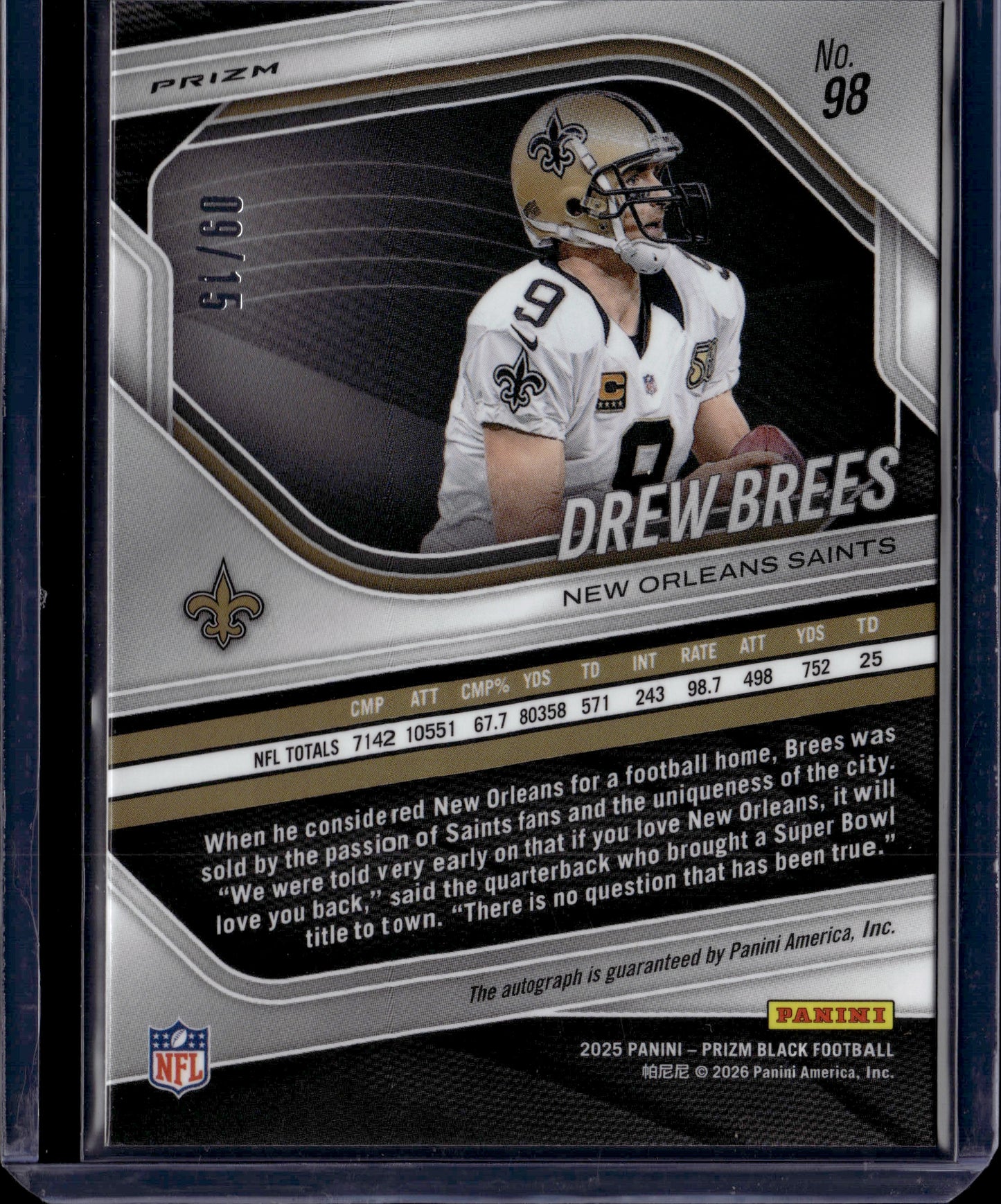 2026 Panini Prizm Black Drew Brees #98 Blue Auto /15