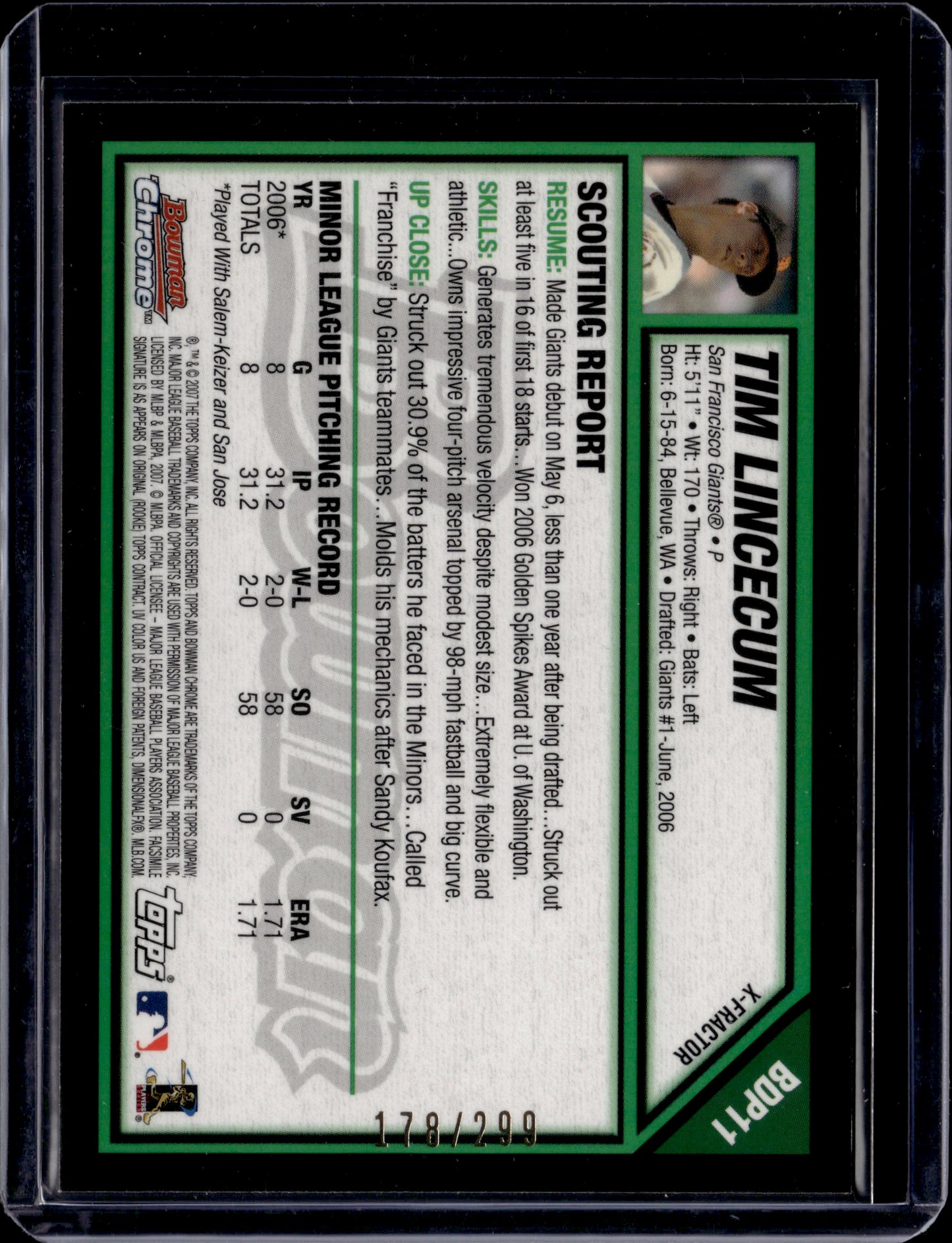 2007 Bowman Chrome Tim Lincecum #BDP11 X-Fractor /299