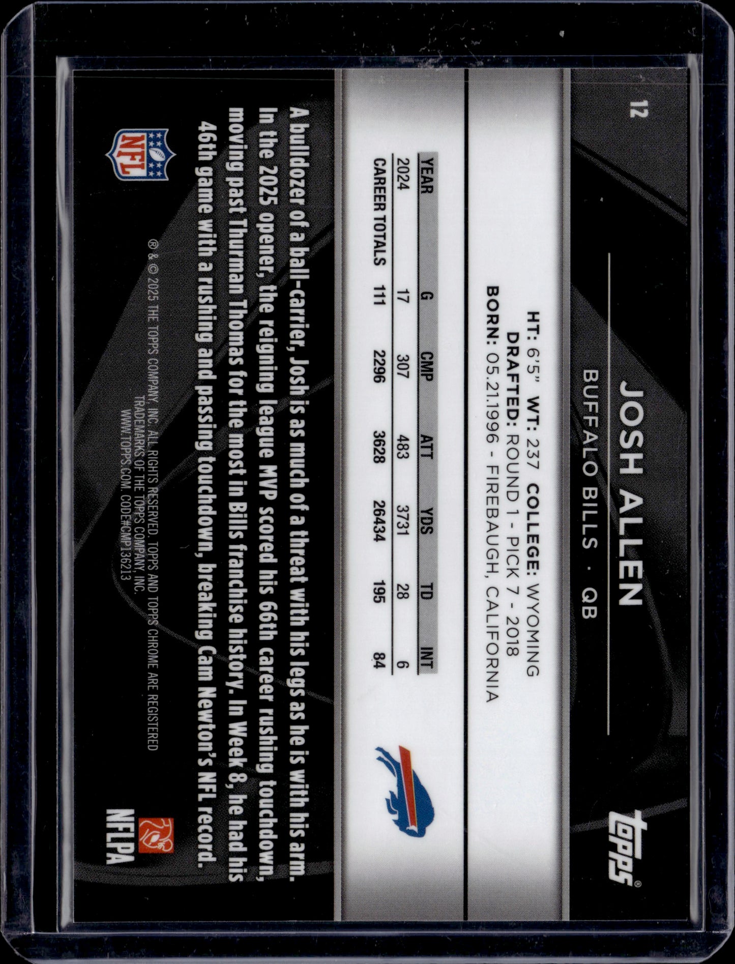 2025 Topps Chrome Black Josh Allen #12 Gold /50