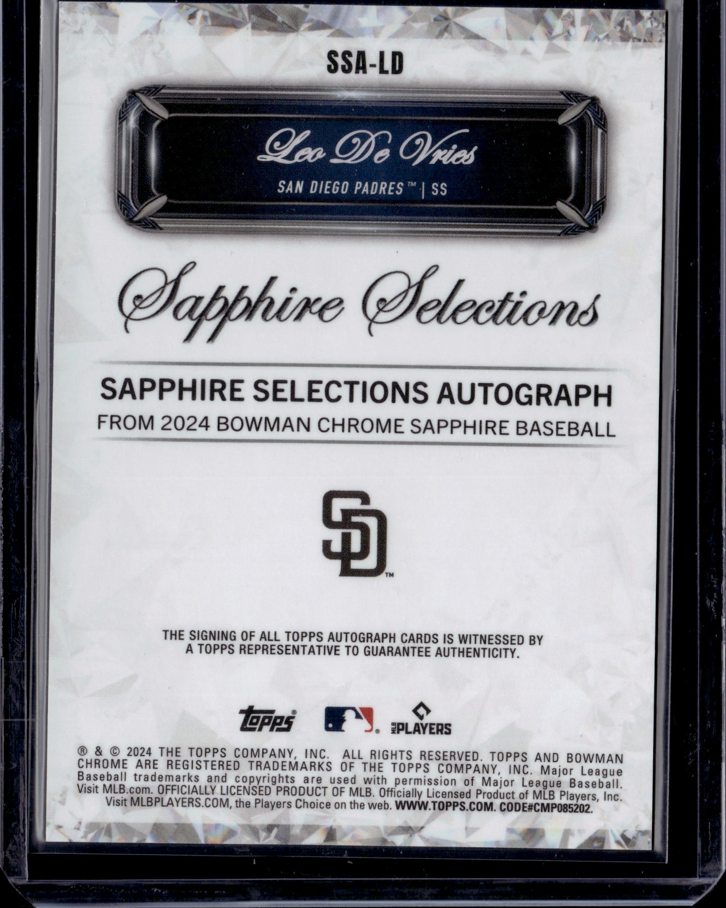2024 Bowman Chrome Sapphire Baseball Leo De Vries #SSA-LD Selections Autograph