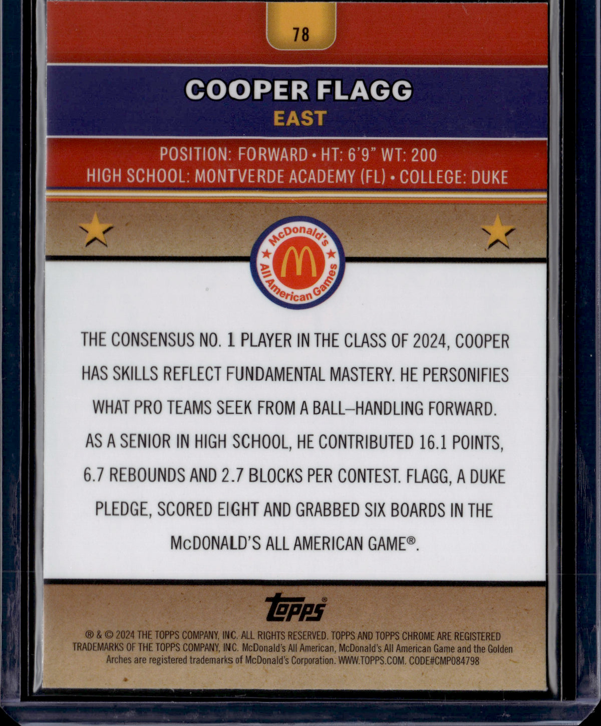 2024 Topps Chrome McDonald's All American Cooper Flagg #78 Mini Diamond