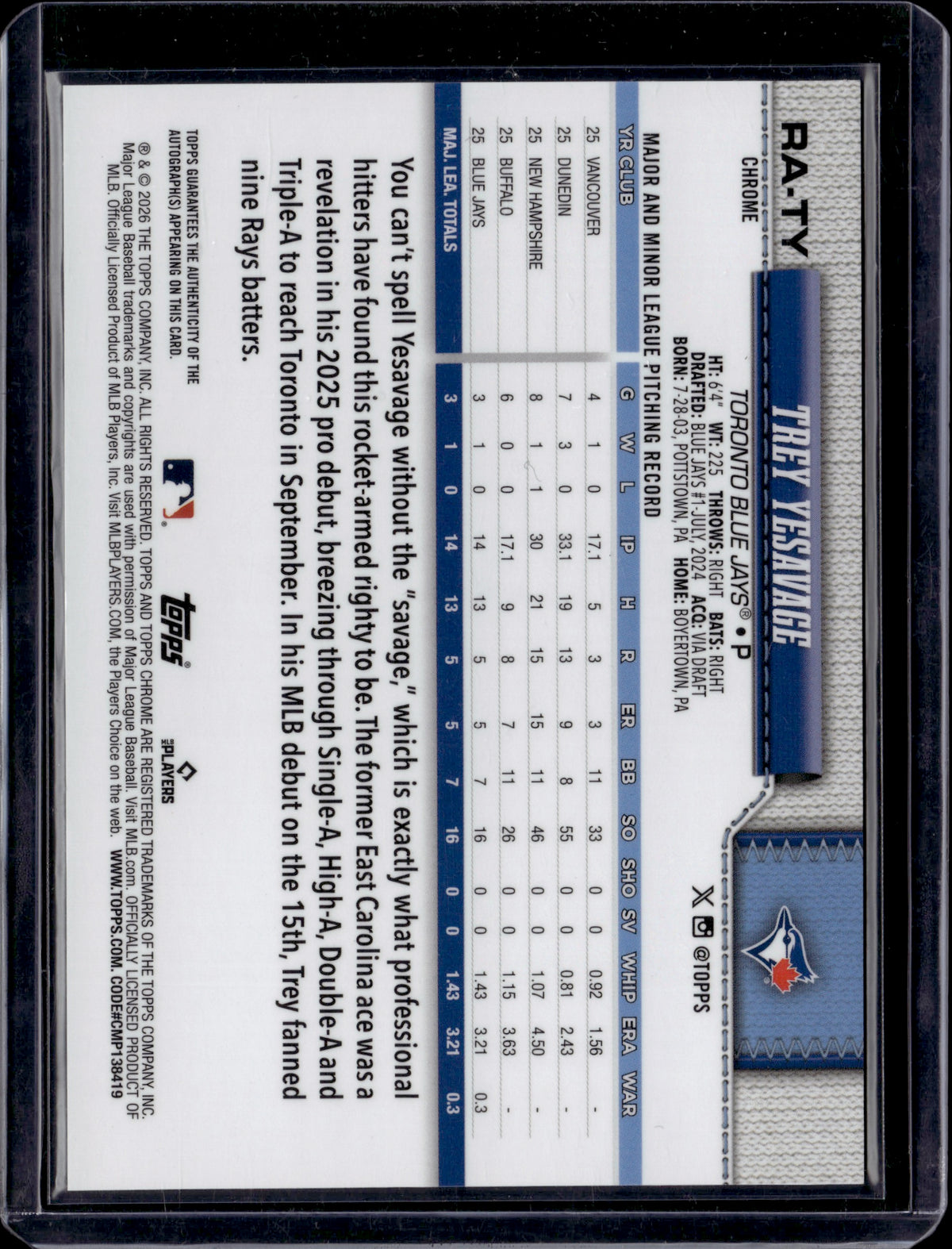 2026 Topps Chrome Trey Yesavage #RA-TY Green Logofractor Auto /99 RC