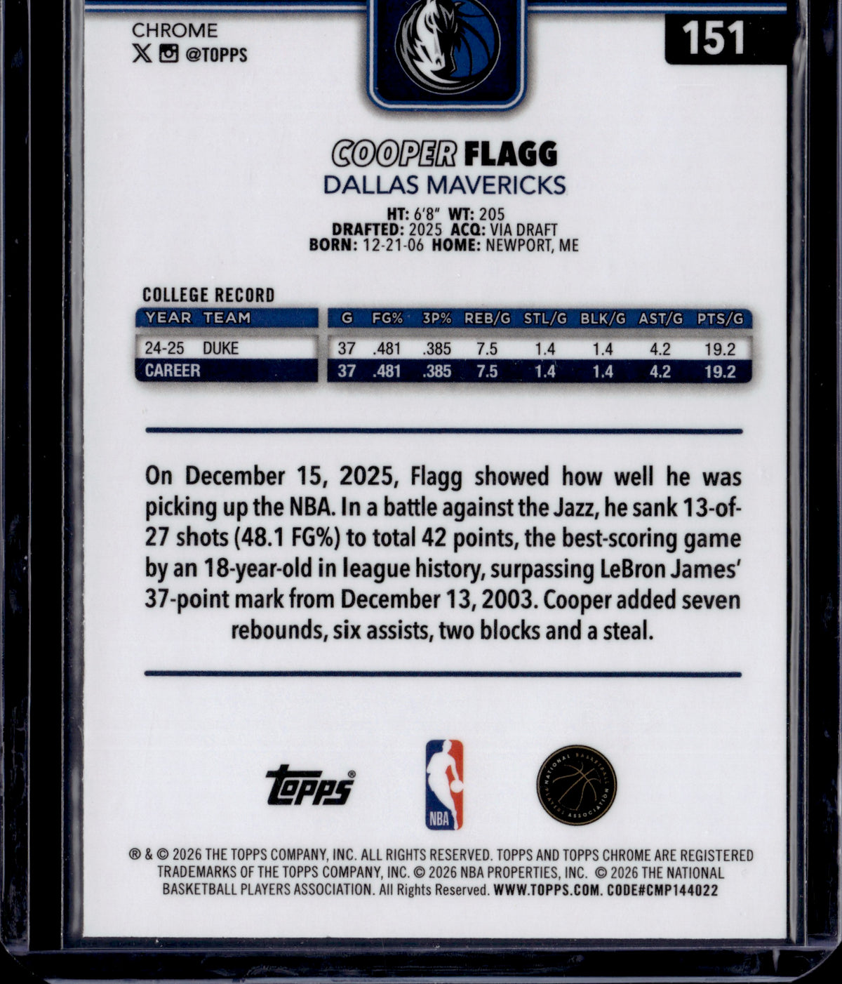 2026 Topps Chrome Cooper Flagg #151 RayWave RC