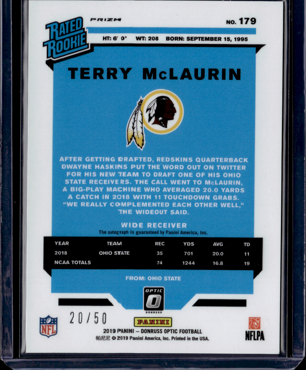 2019 Panini Donruss Optic Terry McLaurin #179 RC Auto /50